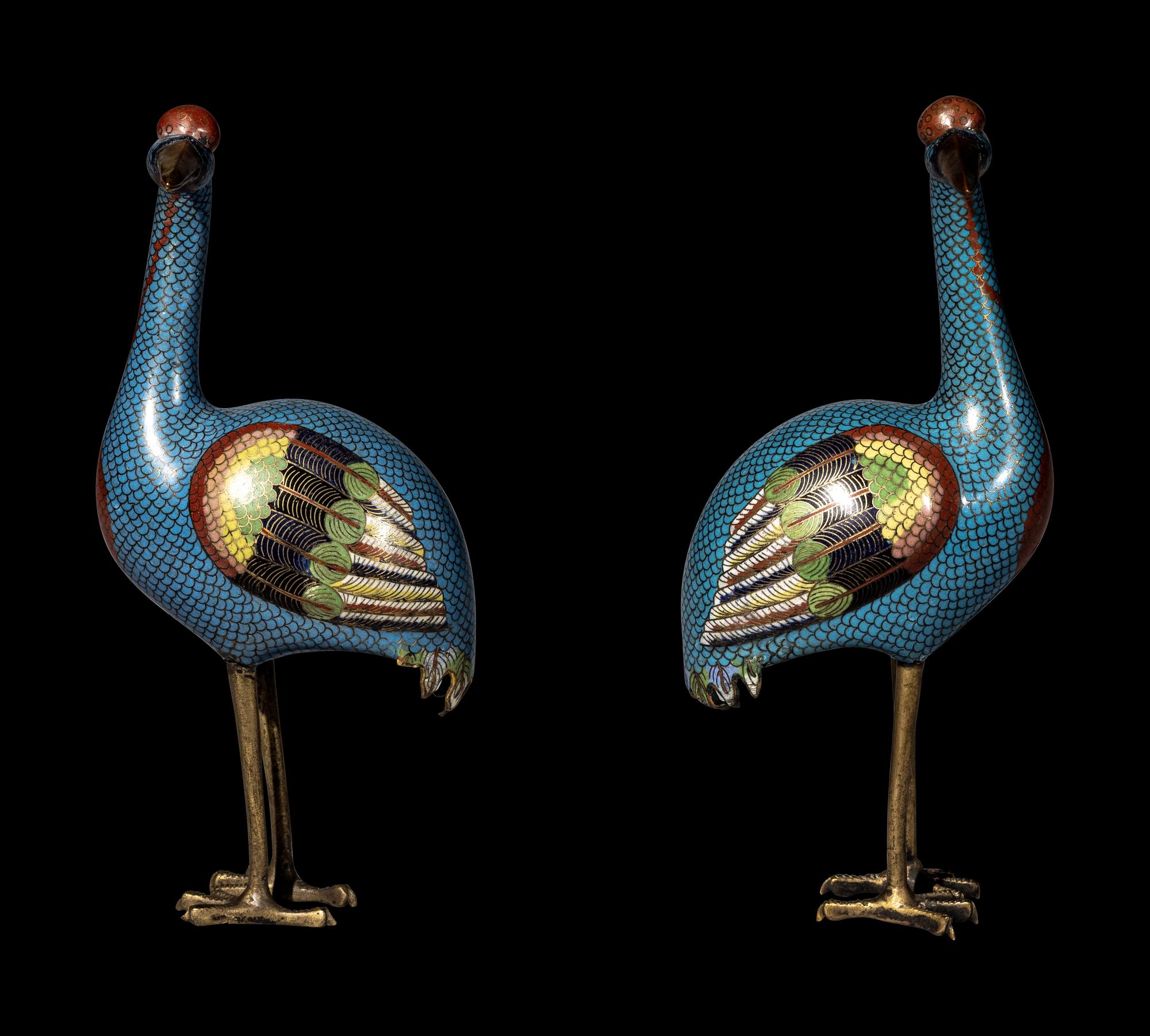 A Pair of Chinese Cloisonné Enamel Figures of Cranes