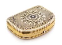 A Russian Silver-Gilt and Enamel Snuff Box, Mark of Pavel Ovchinnikov with Imperial Warrant, Moscow, Late 19th Century, the case lid ce