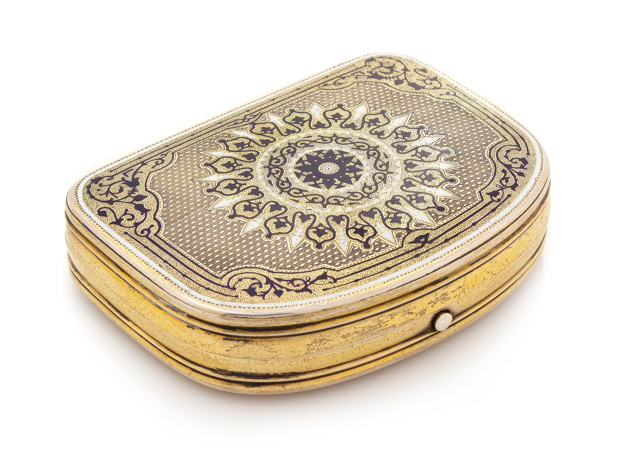 A Russian Silver-Gilt and Enamel Snuff Box, Mark of Pavel Ovchinnikov with Imperial Warrant, Moscow, Late 19th Century, the case lid ce