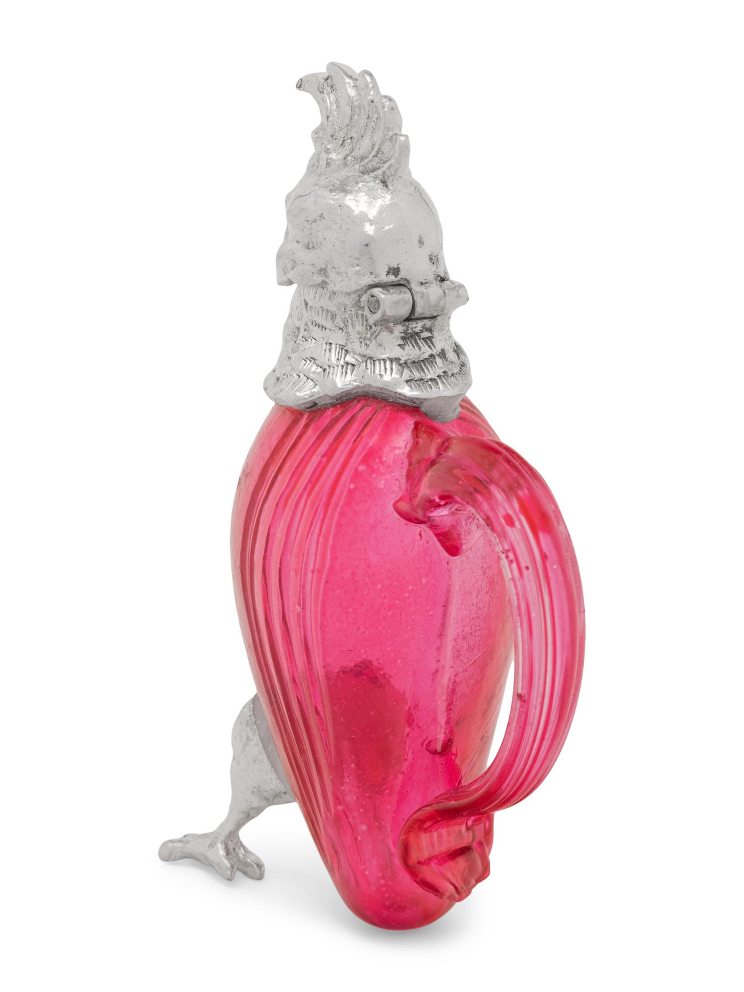 A Silver-Plate and Pink Glass Parrot Cruet Jug