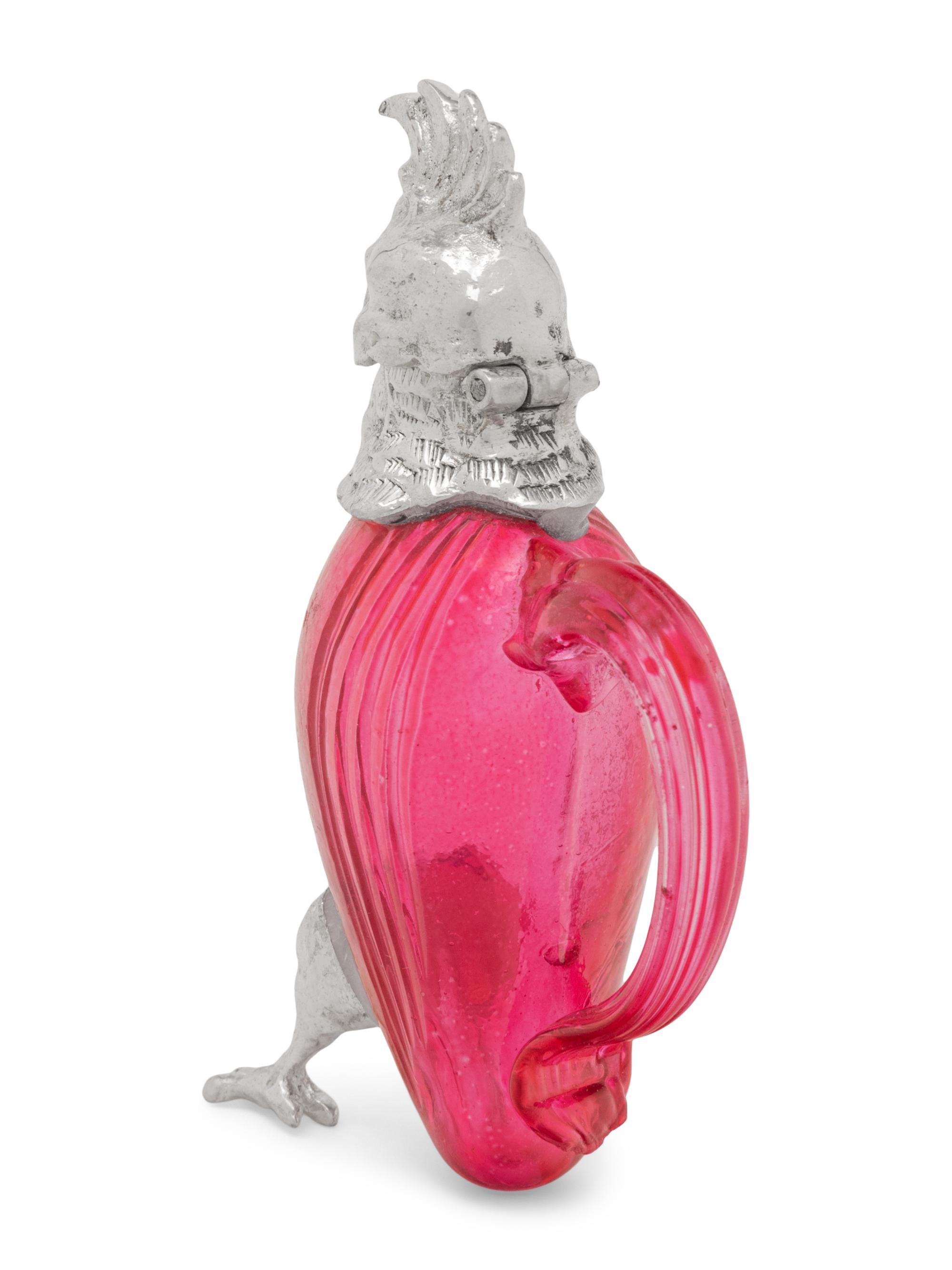 A Silver-Plate and Pink Glass Parrot Cruet Jug