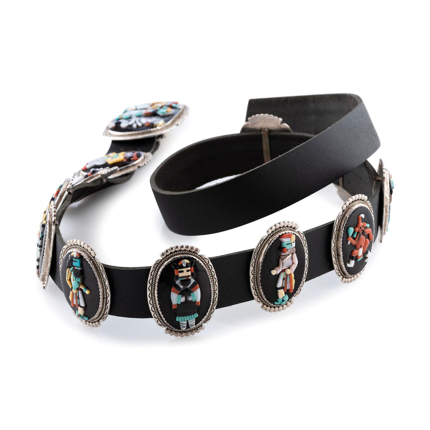 Silver and Mosaic Inlay Concha Belt, with Katsinas and Dancers