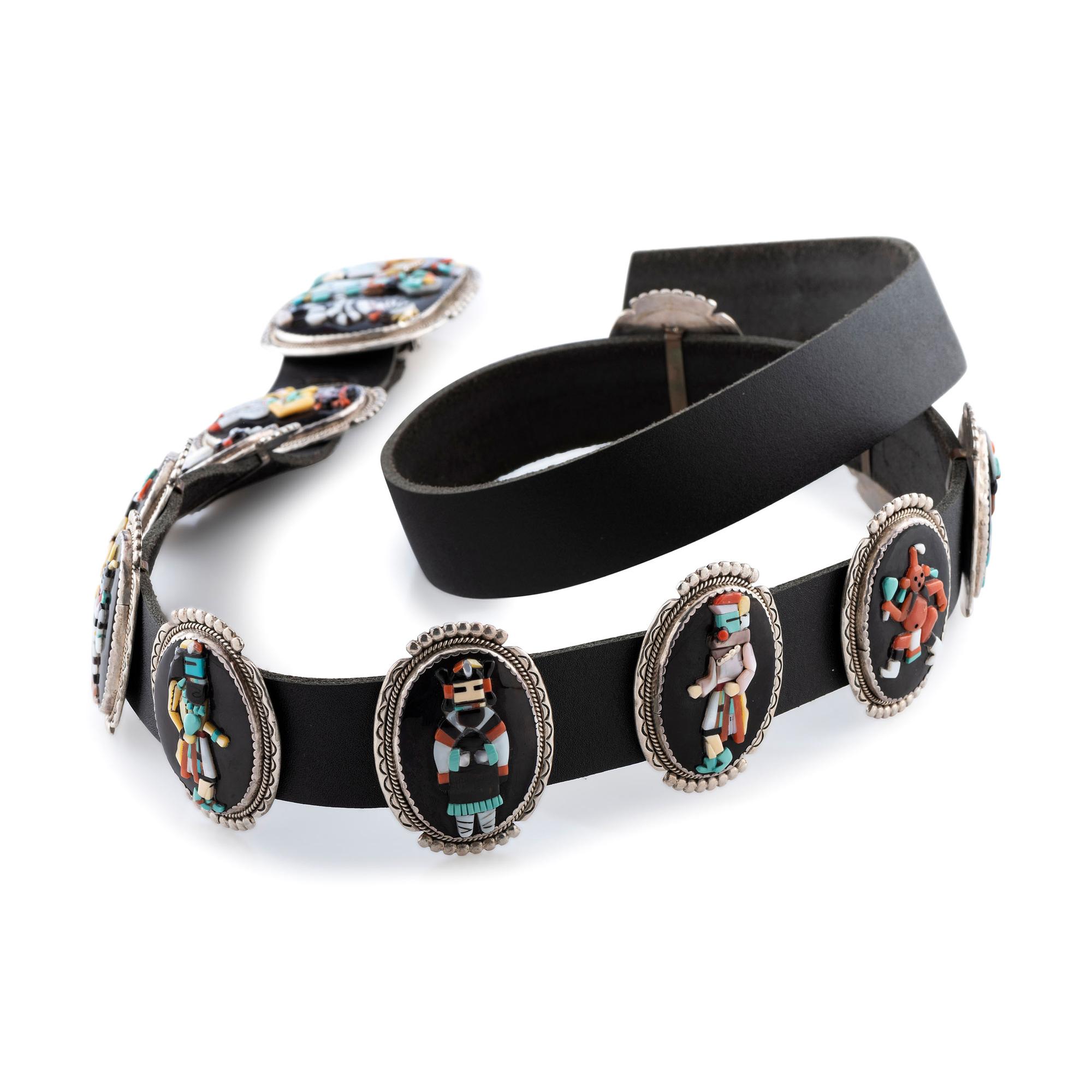 Silver and Mosaic Inlay Concha Belt, with Katsinas and Dancers