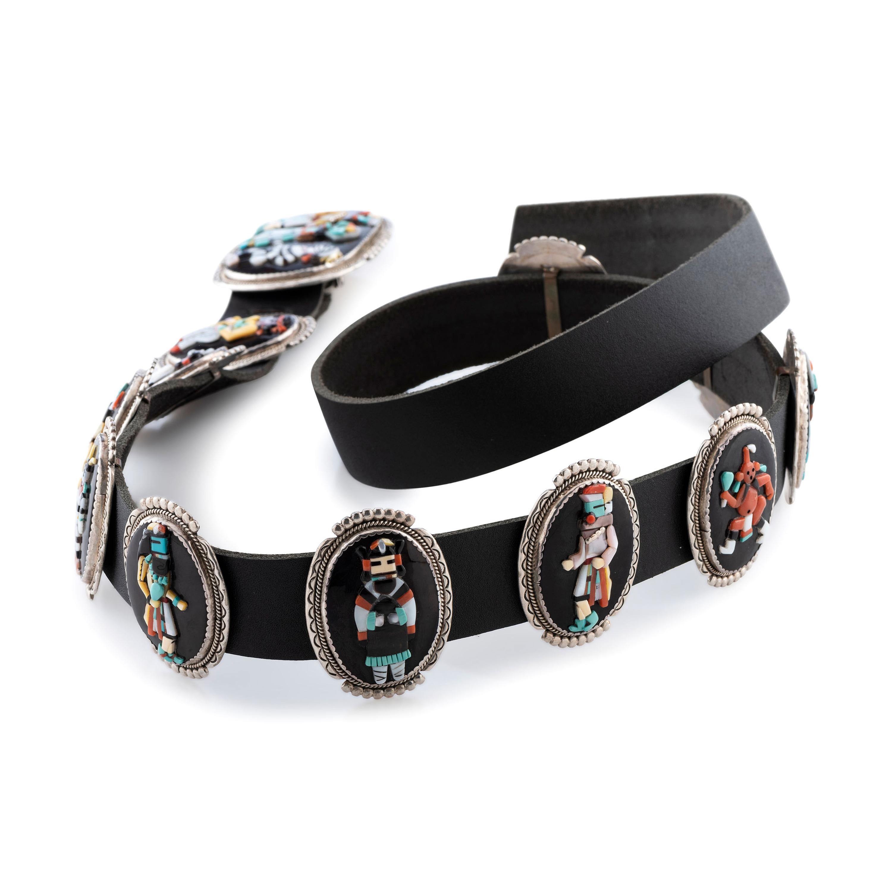 Silver and Mosaic Inlay Concha Belt, with Katsinas and Dancers