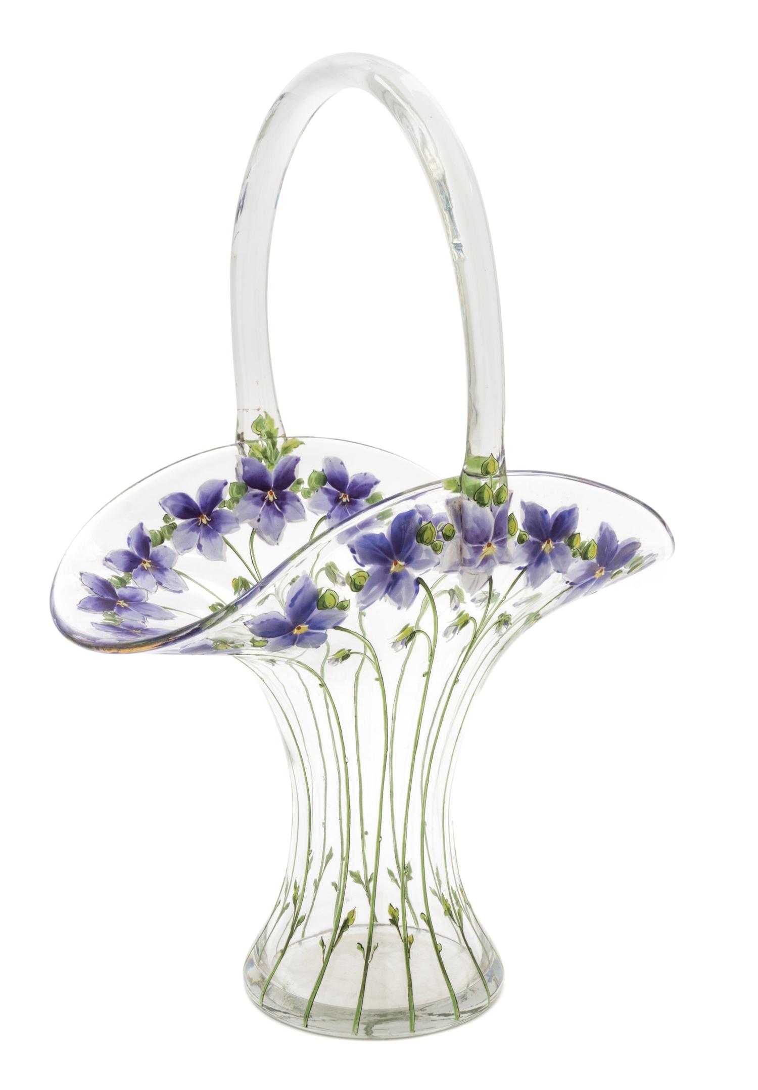A Painted Glass Basket Height 15 3/8 inches.