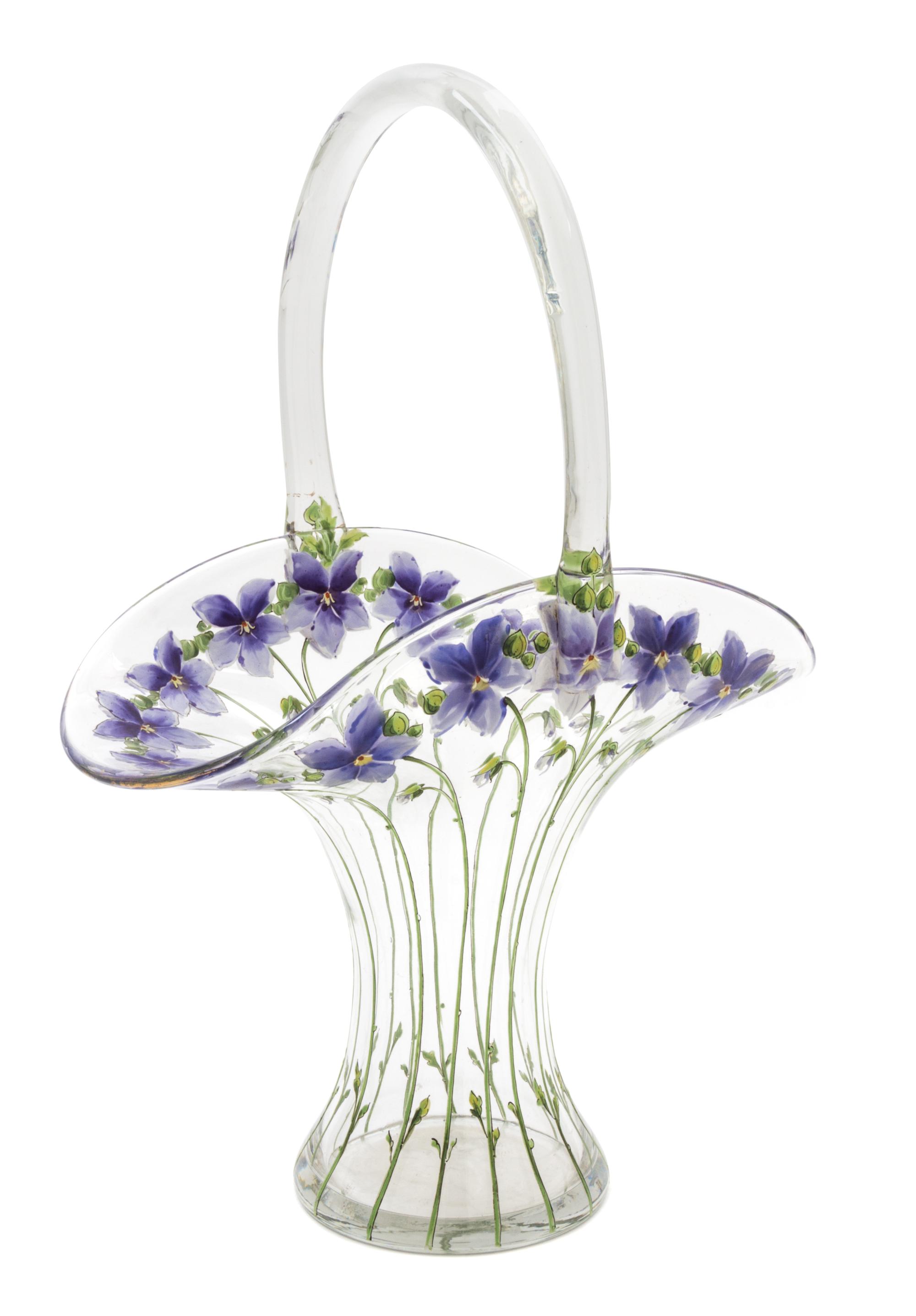 A Painted Glass Basket Height 15 3/8 inches.
