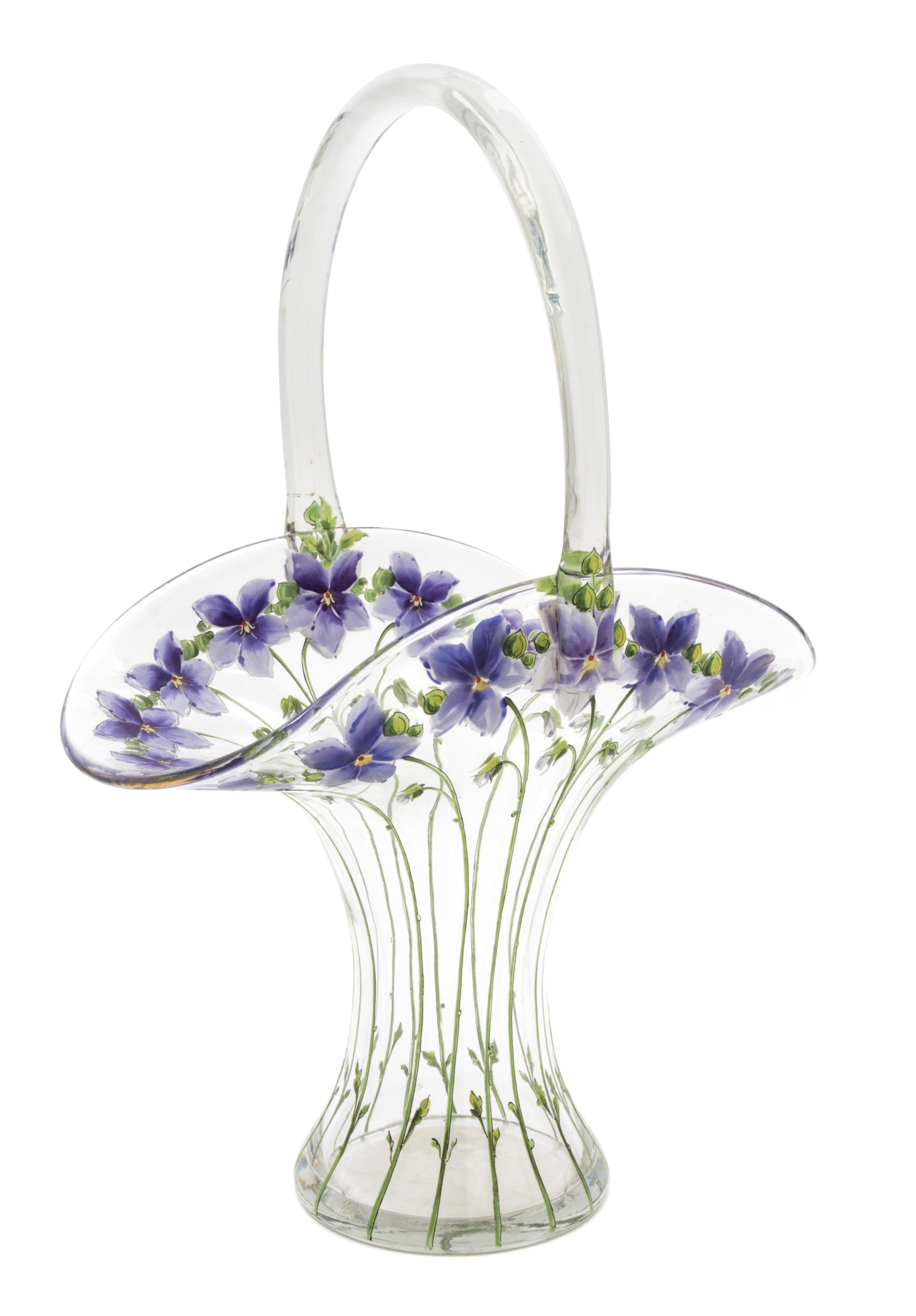 A Painted Glass Basket Height 15 3/8 inches.