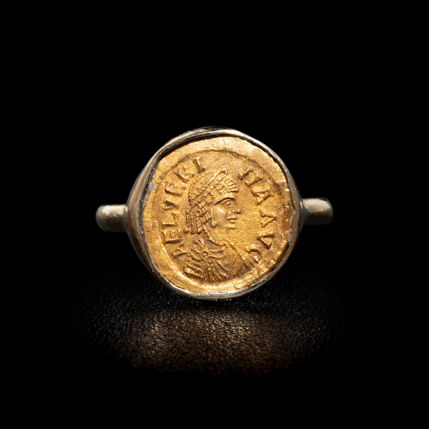 A Byzantine Gold Tremissis of the Empress Aelia Verina — Set in a gold ring