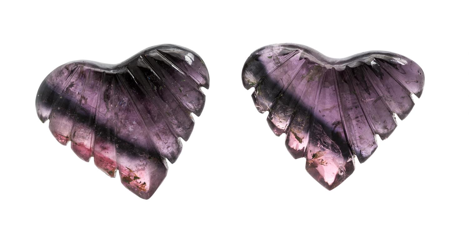 A Pair of Carved Watermelon Tourmaline Hearts,