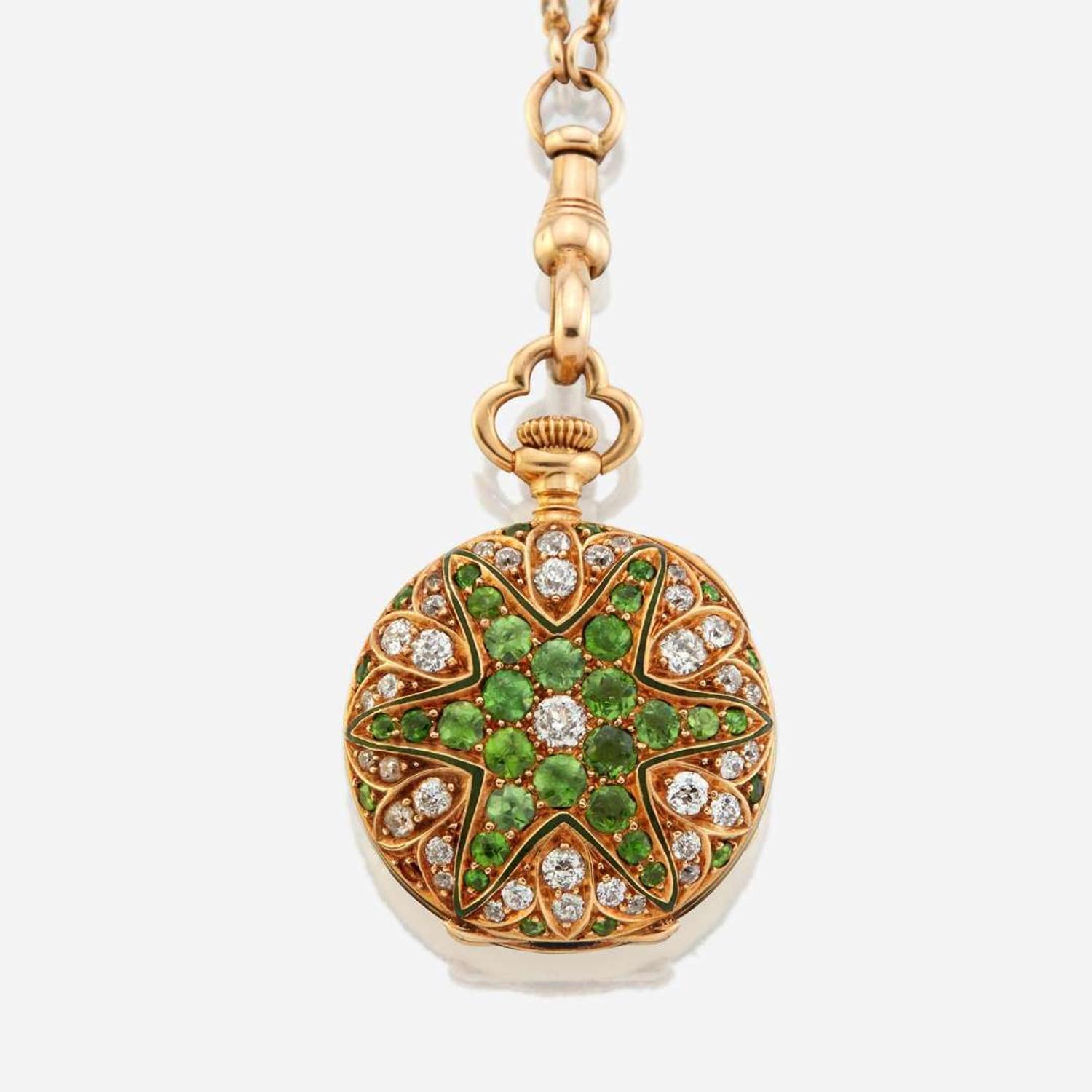 A lady's diamond and tsavorite garnet openface pocket watch necklace, Tiffany & Company