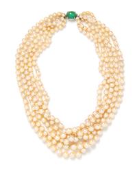 A White Gold, Emerald and Graduated Cultured Pearl Multistrand Necklace,