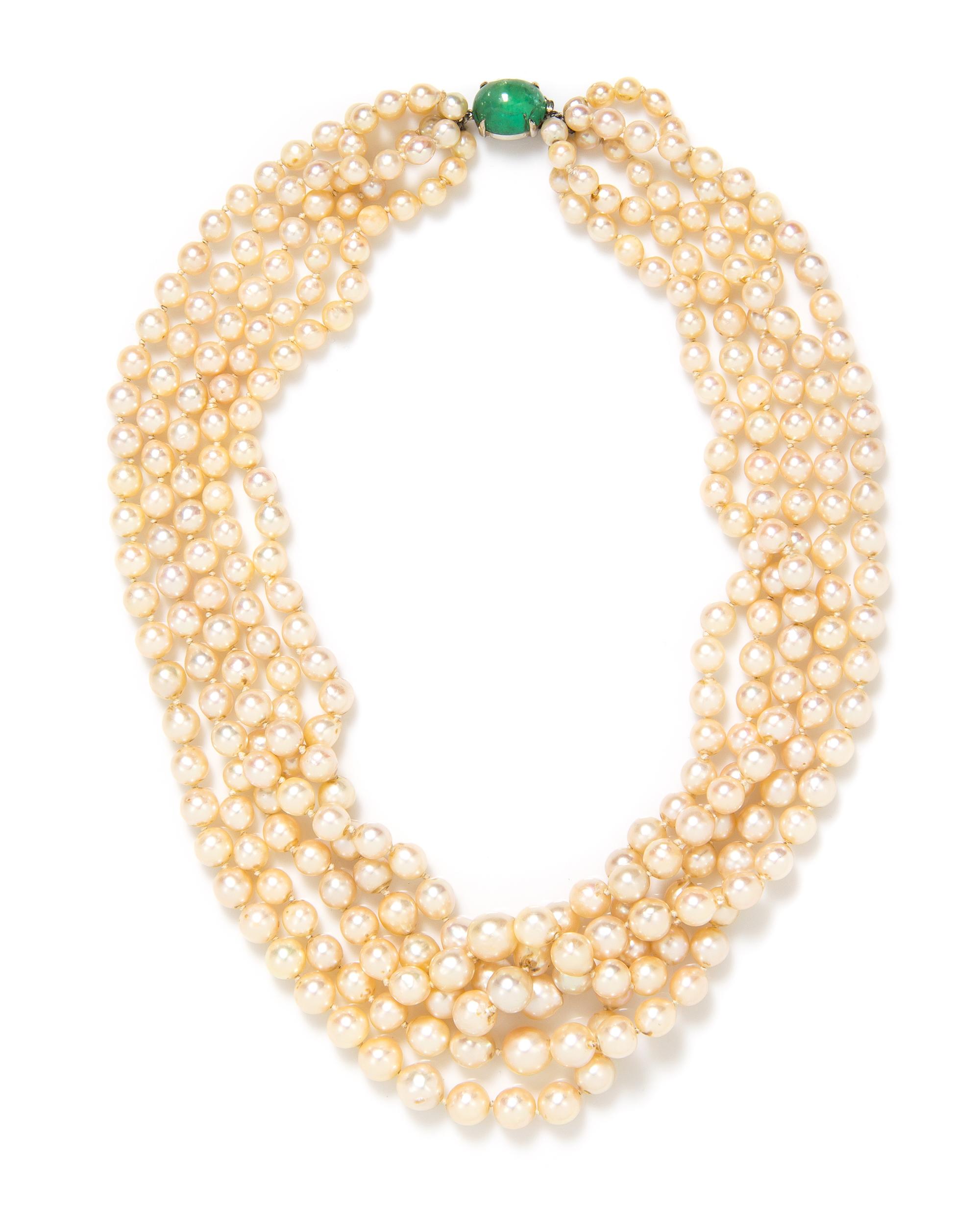 A White Gold, Emerald and Graduated Cultured Pearl Multistrand Necklace,