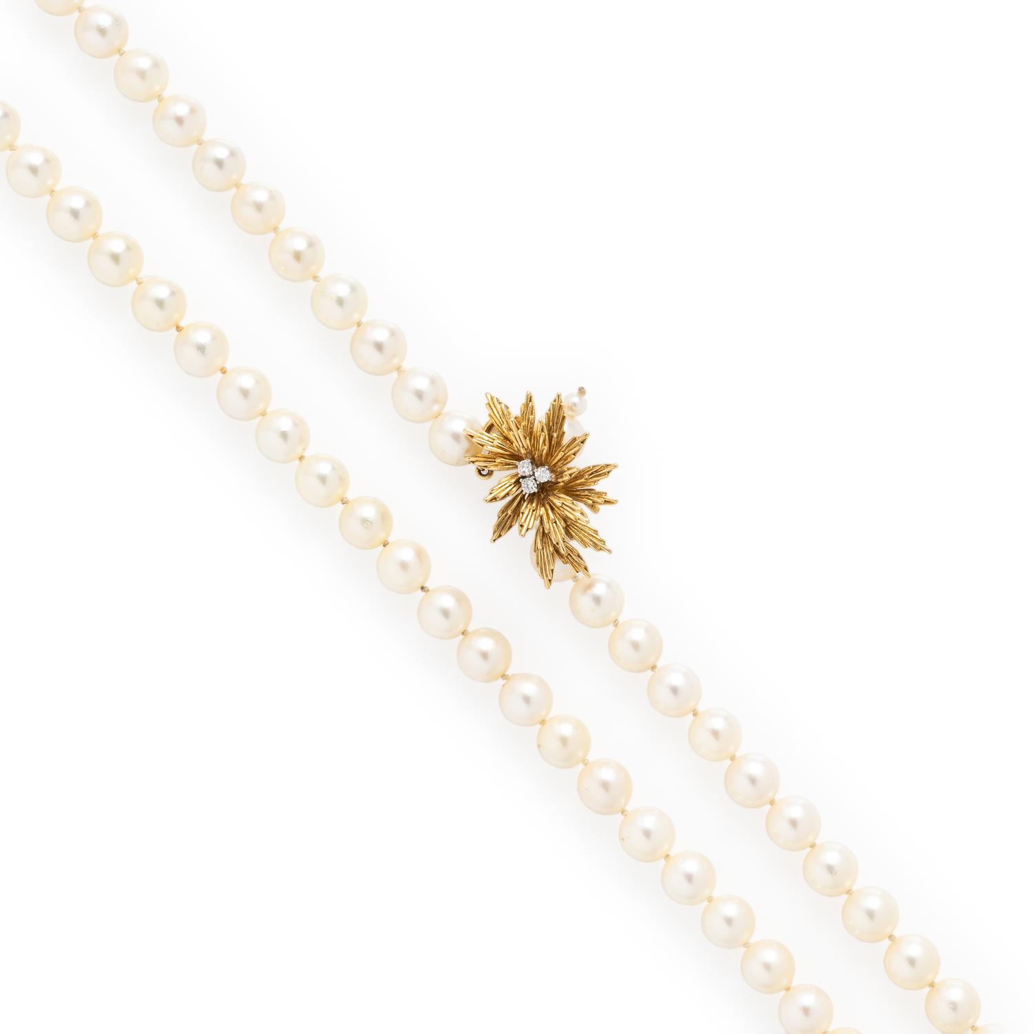 Cultured Pearl, Diamond, and Yellow Gold Necklace