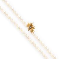 Cultured Pearl, Diamond, and Yellow Gold Necklace