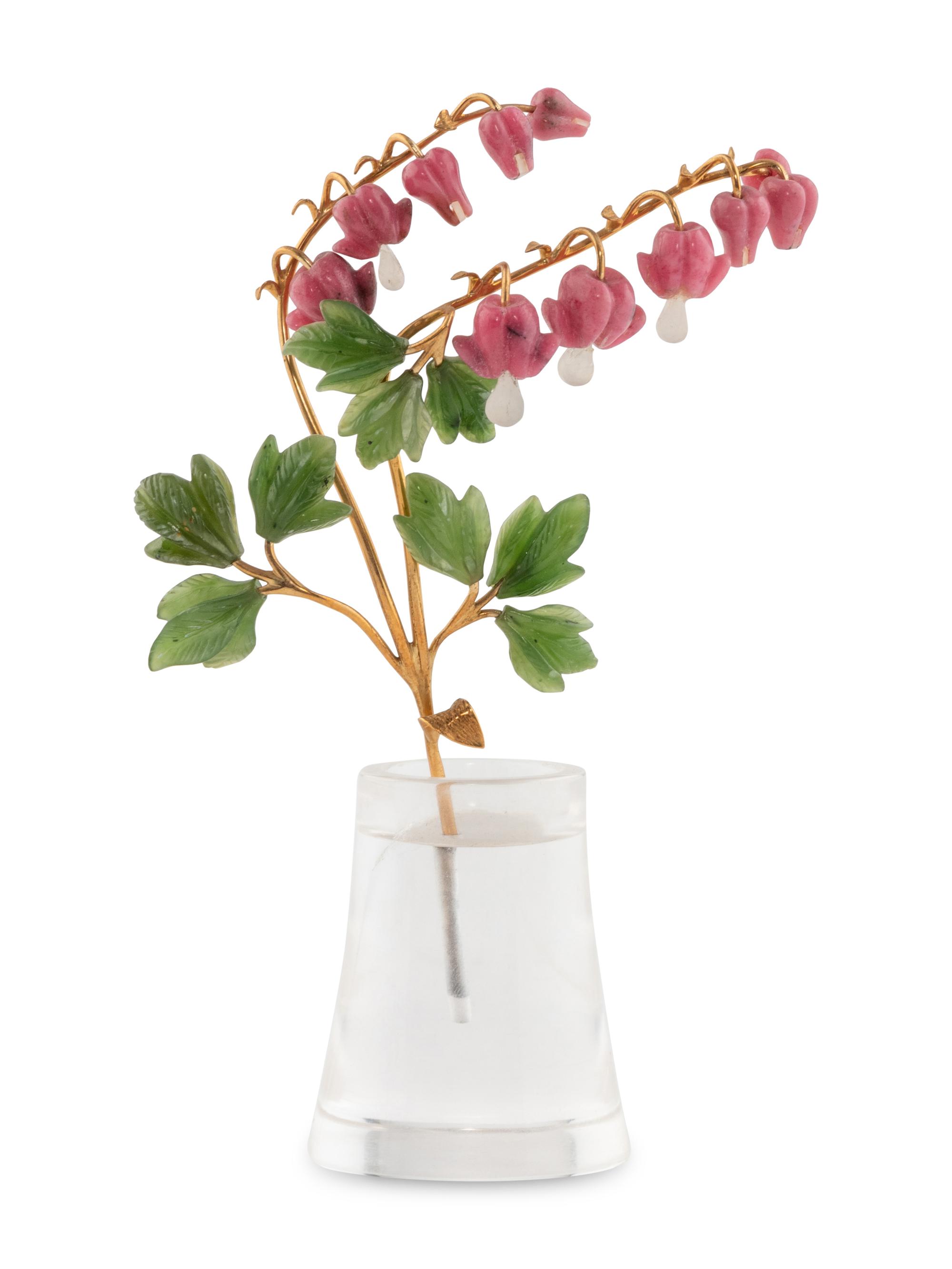 A Carved Rock Crystal, Rhodonite, Nephrite and 18-Karat Gold Bleeding Heart Flower Study