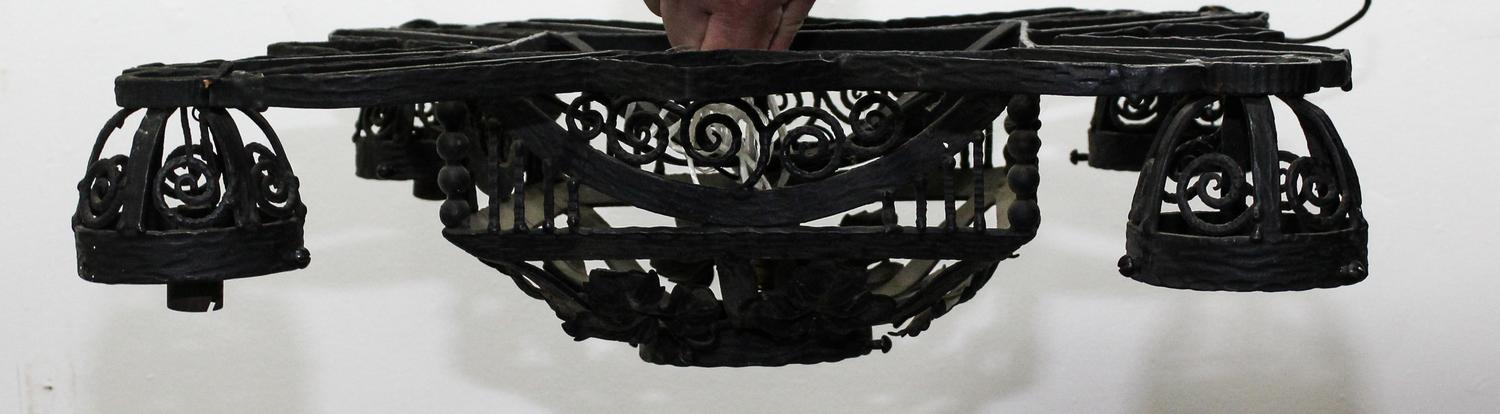 An Art Deco Iron and Glass Ceiling Fixture, Muller Freres Width 30 inches.