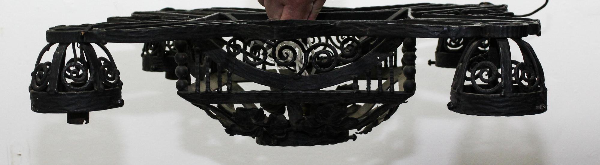 An Art Deco Iron and Glass Ceiling Fixture, Muller Freres Width 30 inches.