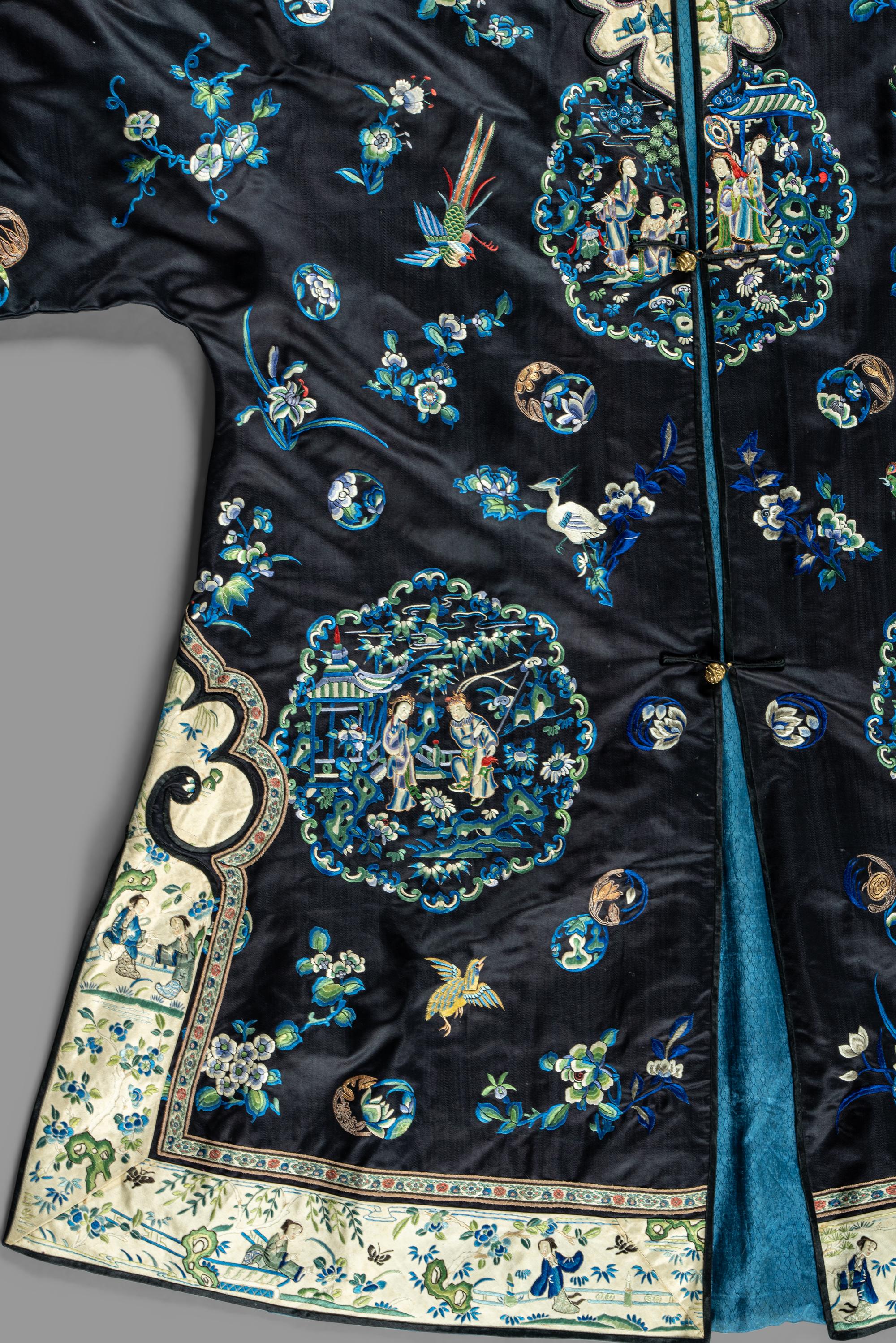 Two Chinese Blue Ground Silk Embroidered Lady's Garments