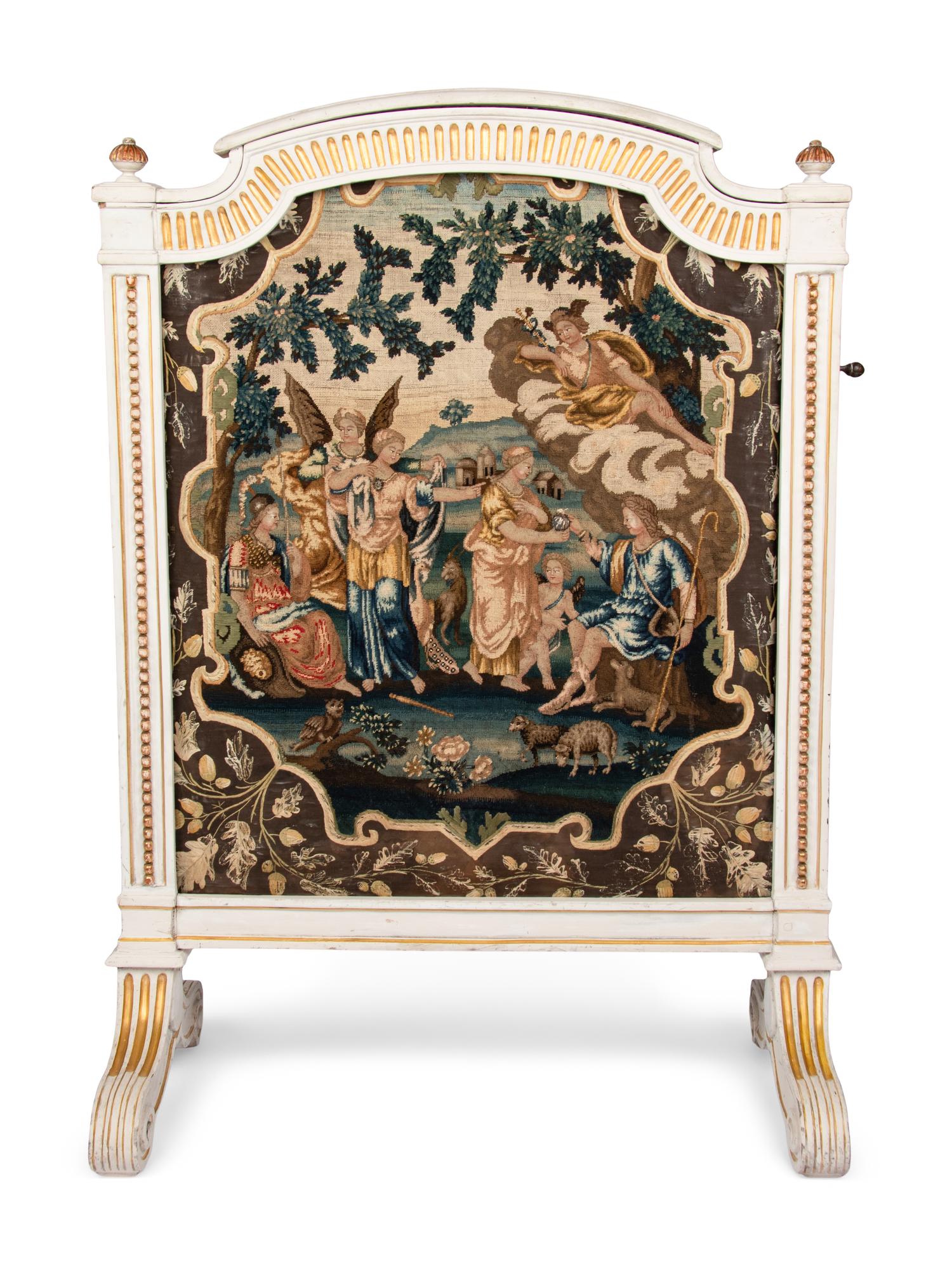 A Louis XVI Style Painted and Parcel Gilt Fire Screen