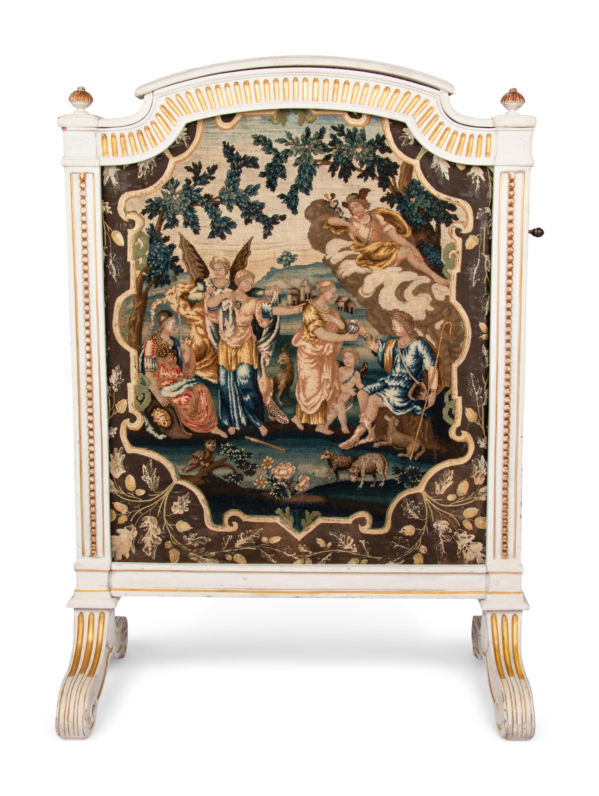 A Louis XVI Style Painted and Parcel Gilt Fire Screen
