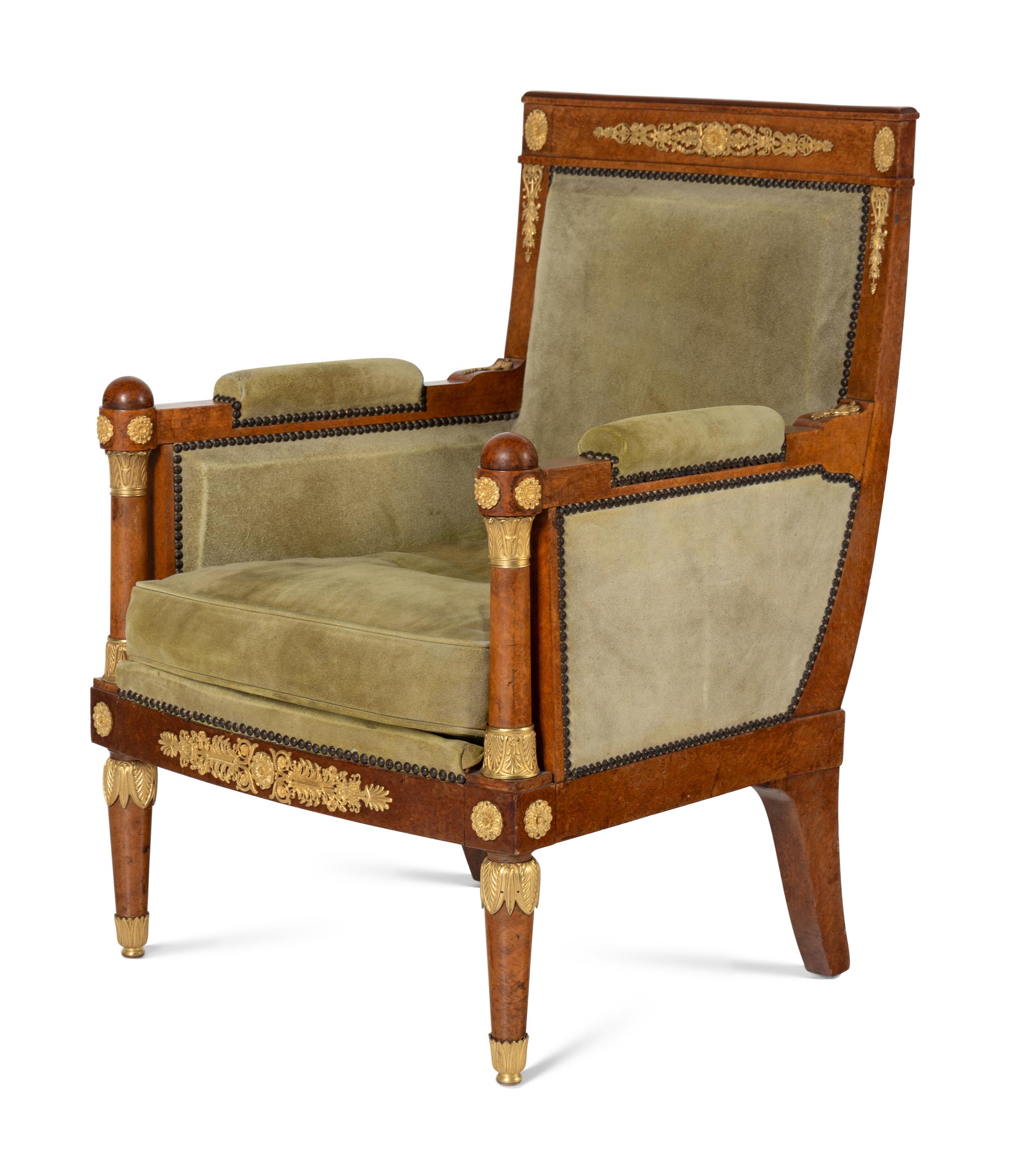 A Pair of Neoclassical Gilt Bronze Mounted Burlwood Bergères