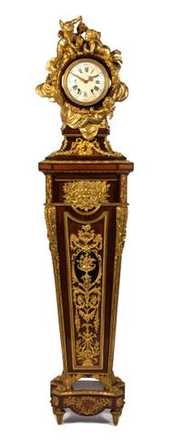 A Louis XVI Style Gilt-Bronze-Mounted Tulipwood and Kingwood Pedestal Clock Height 87 inches. — PAUL SORMANI, PARIS, AFTER THE MODEL BY HENRI REISENER, EARLY 20TH CENTURY