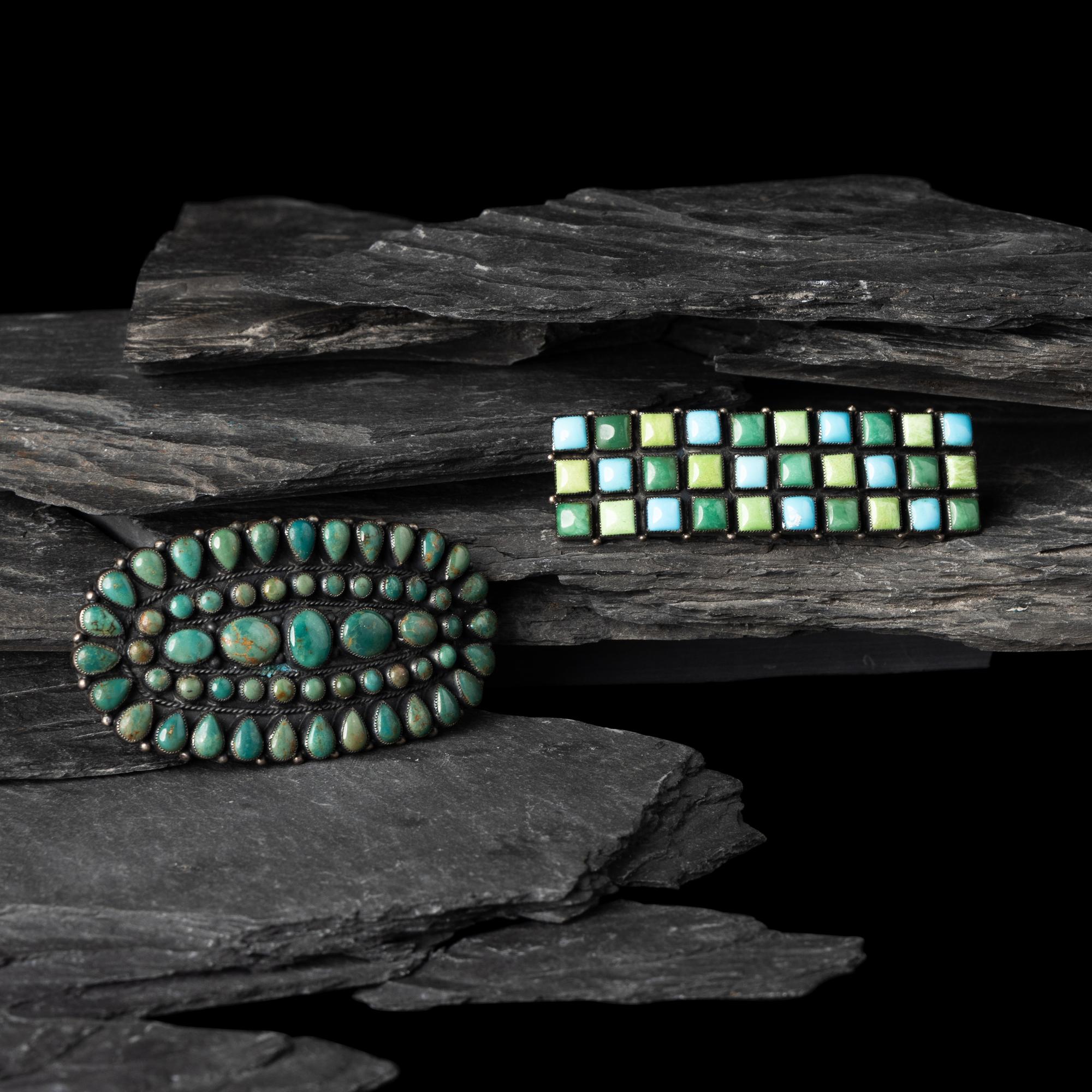 Don Lucas (American, 20th century) — Southwestern-style Sterling Silver and Cluster Inlay Hair Barrettes and Post Earrings