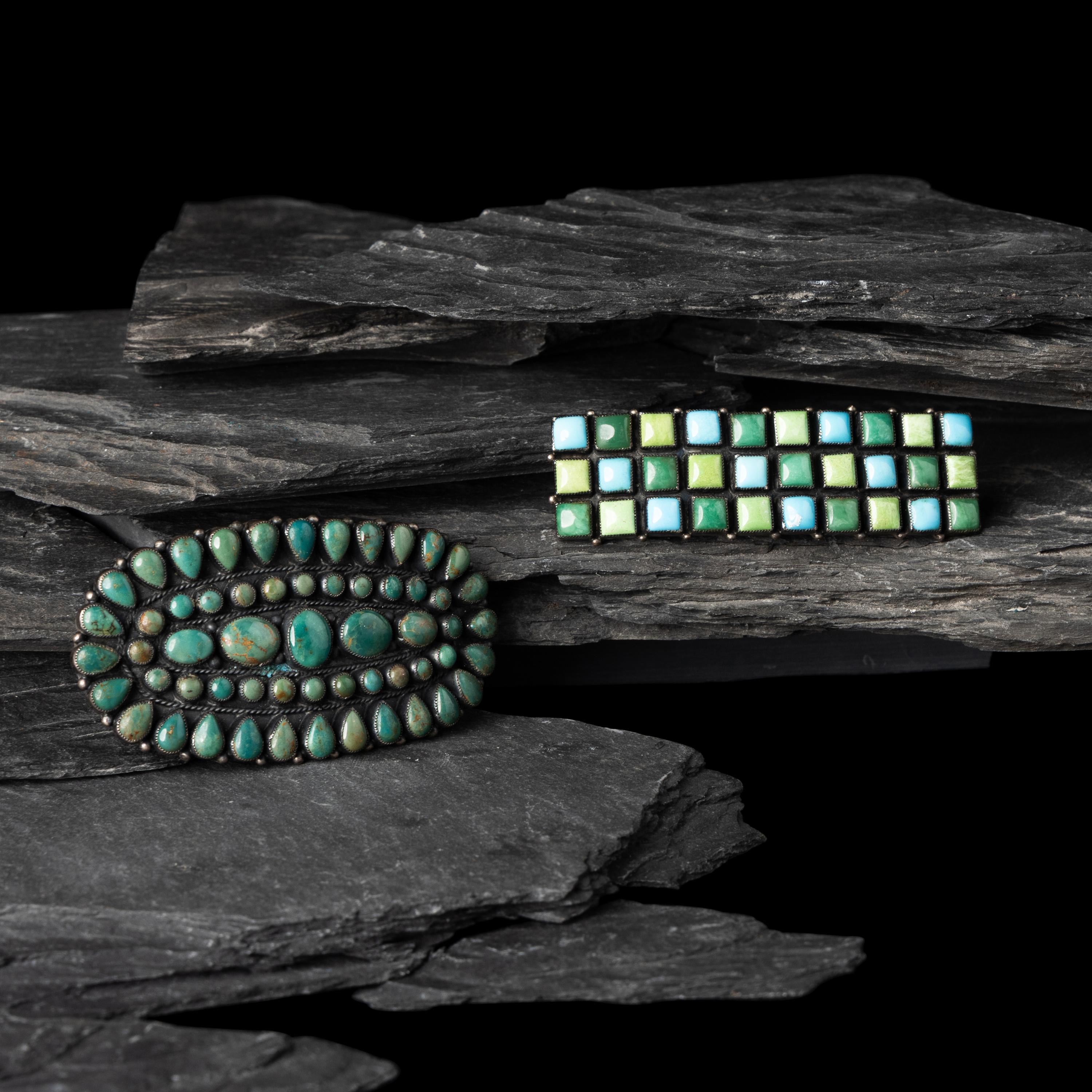 Don Lucas (American, 20th century) — Southwestern-style Sterling Silver and Cluster Inlay Hair Barrettes and Post Earrings