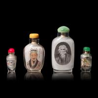 Four Inside Painted Glass Snuff Bottles, 20th Century 近代 玻璃內畫鼻煙壺四支