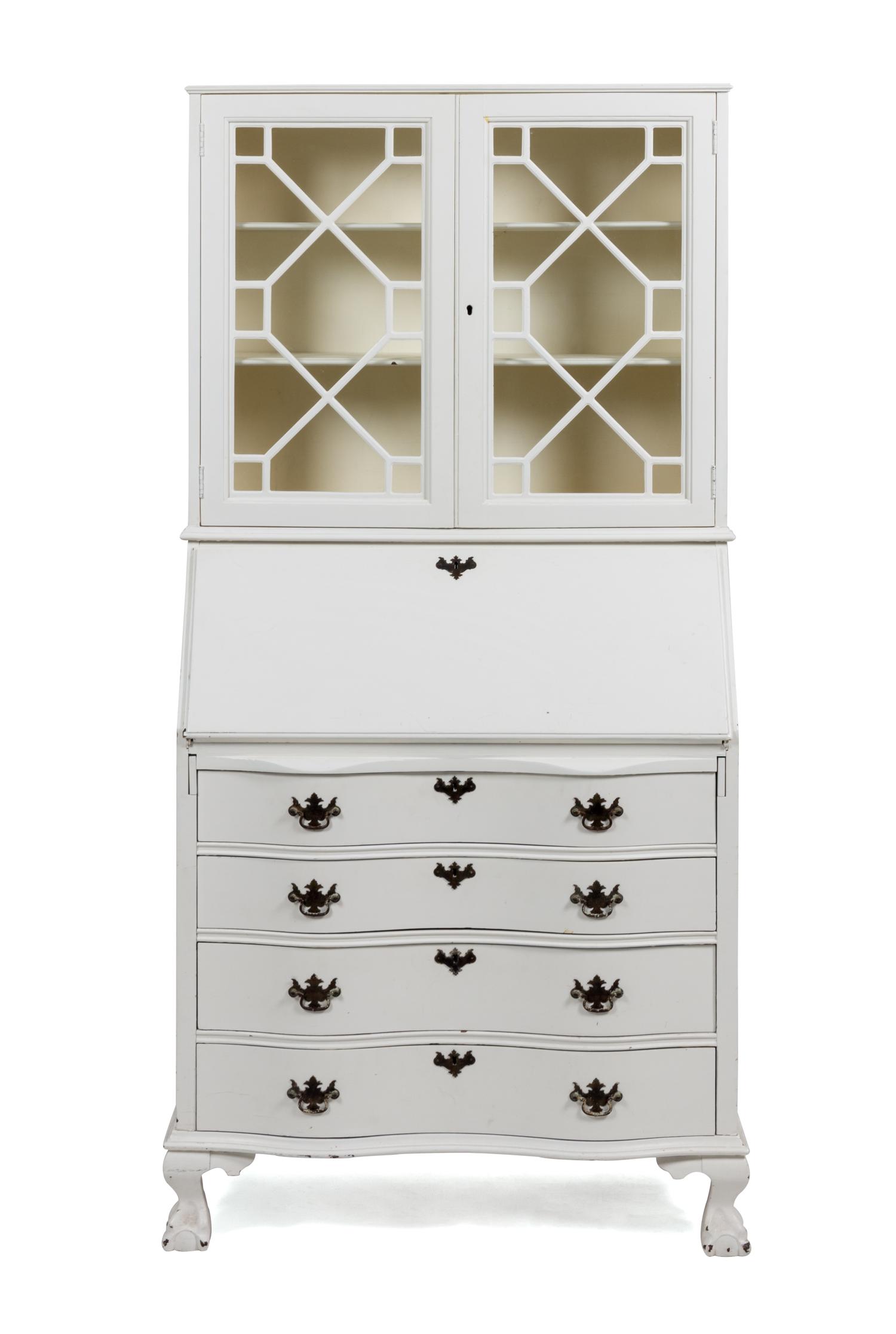 A White Painted Secretary Bookcase Height 69 1/2 x width 34 x depth 17 inches.