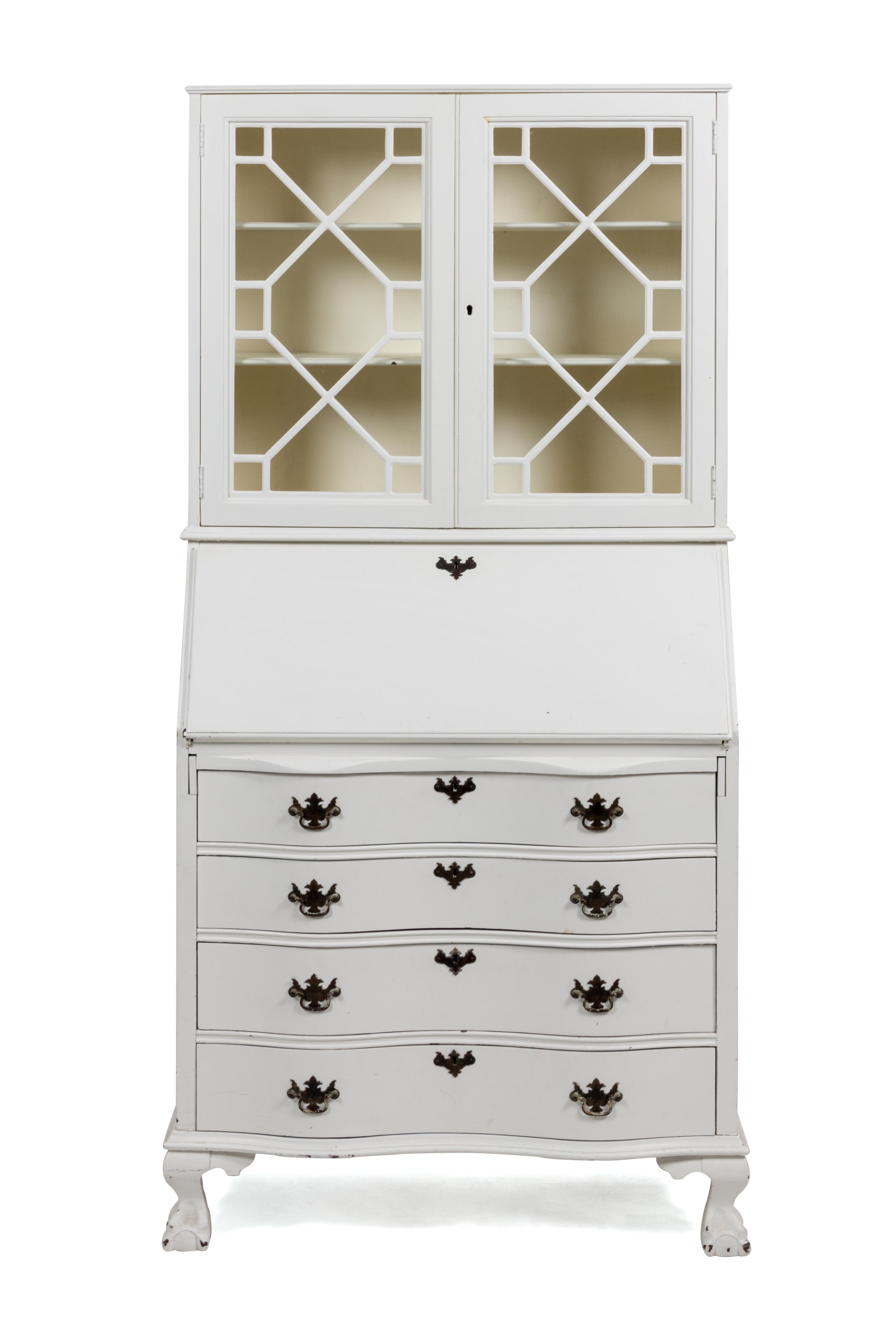 A White Painted Secretary Bookcase Height 69 1/2 x width 34 x depth 17 inches.