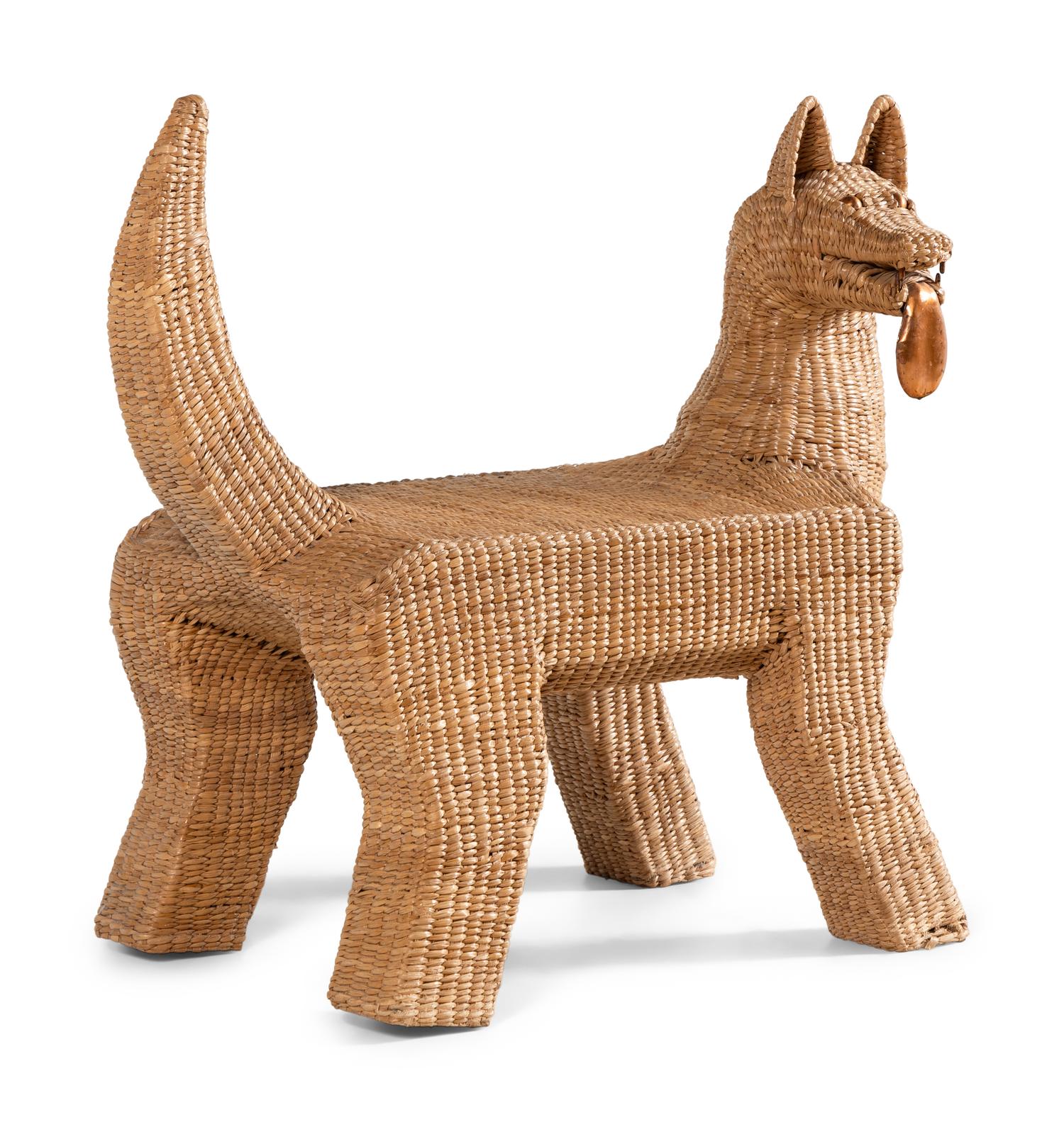 A Woven Rattan Coyote Figure by Mario Lopez Torres