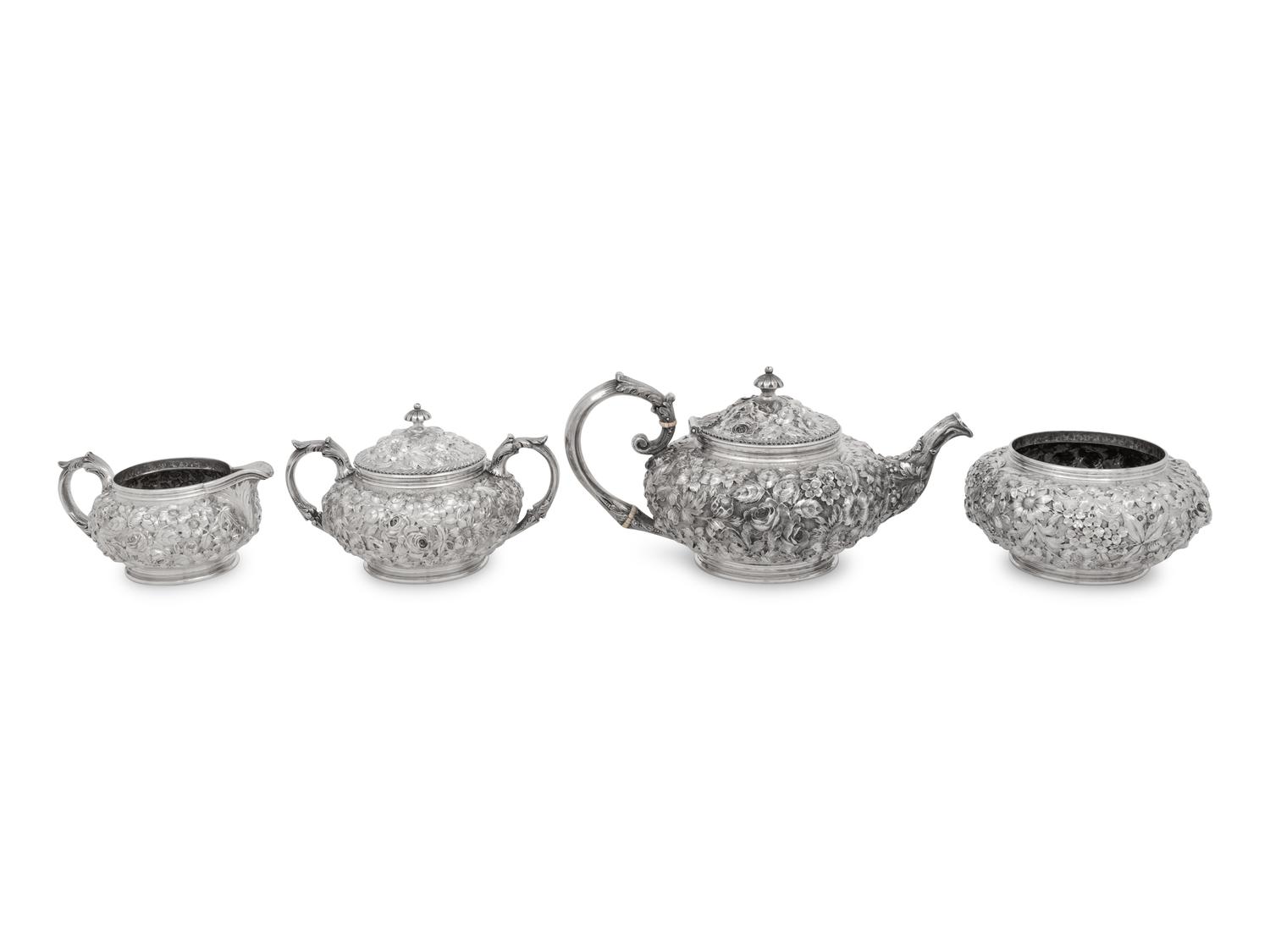 An American Silver Repoussé Four-Piece Tea Service