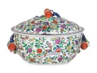 A Transfer-Decorated Glazed Ceramic Tureen with Strawberry-Form Handles