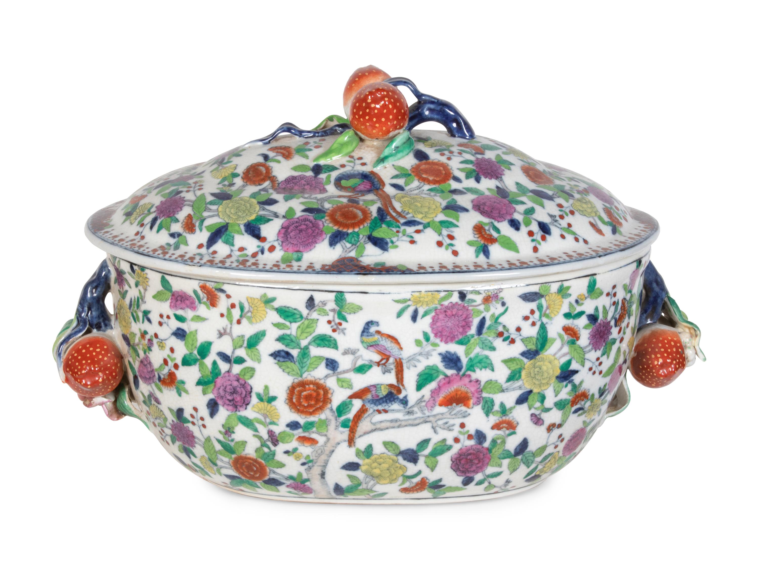 A Transfer-Decorated Glazed Ceramic Tureen with Strawberry-Form Handles