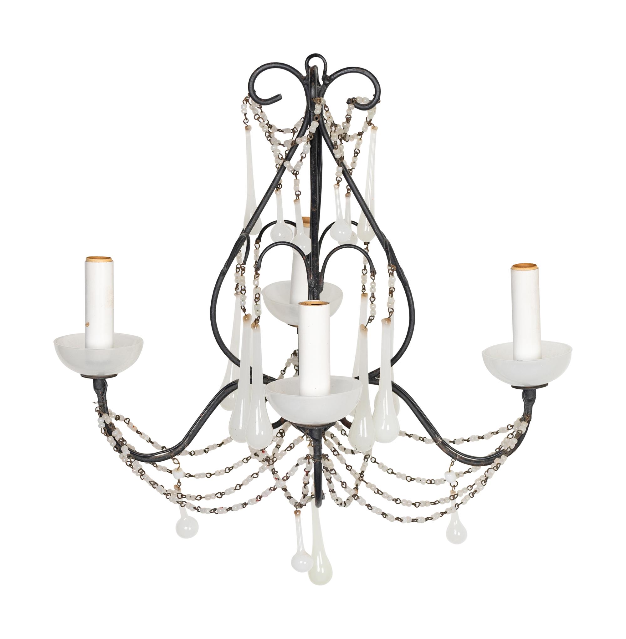 A Rococo Style Wrought-Iron and Opaline Glass Four-Light Chandelier — 19TH/20TH CENTURY