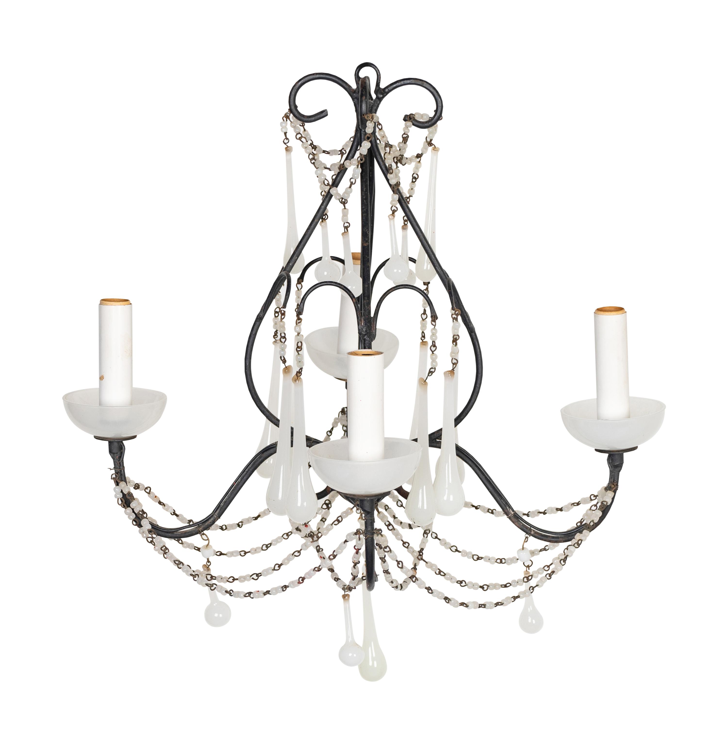 A Rococo Style Wrought-Iron and Opaline Glass Four-Light Chandelier — 19TH/20TH CENTURY