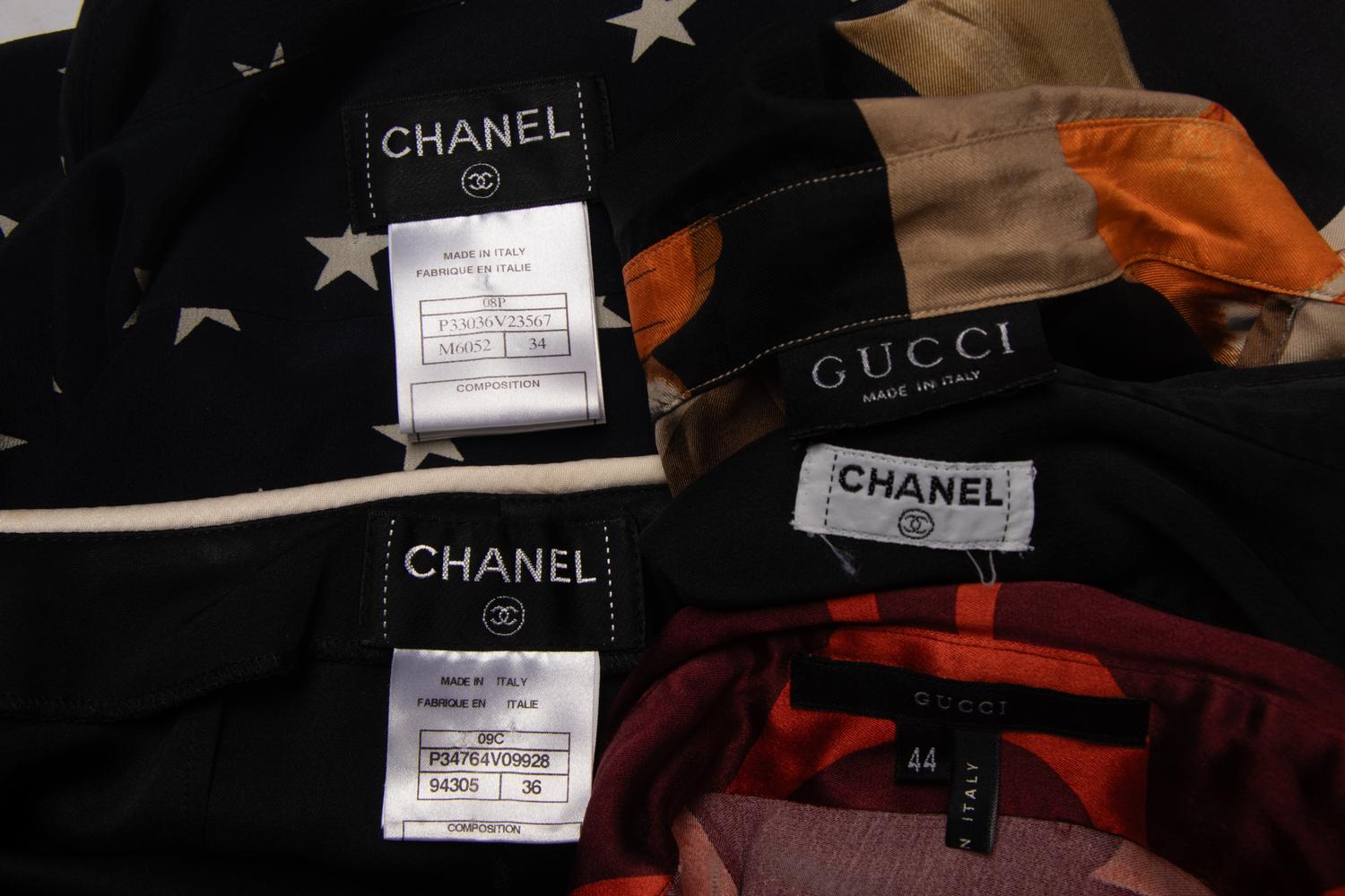 Group of Four Silk Tops by Chanel and Gucci, One Pair of Chanel Silk Pants