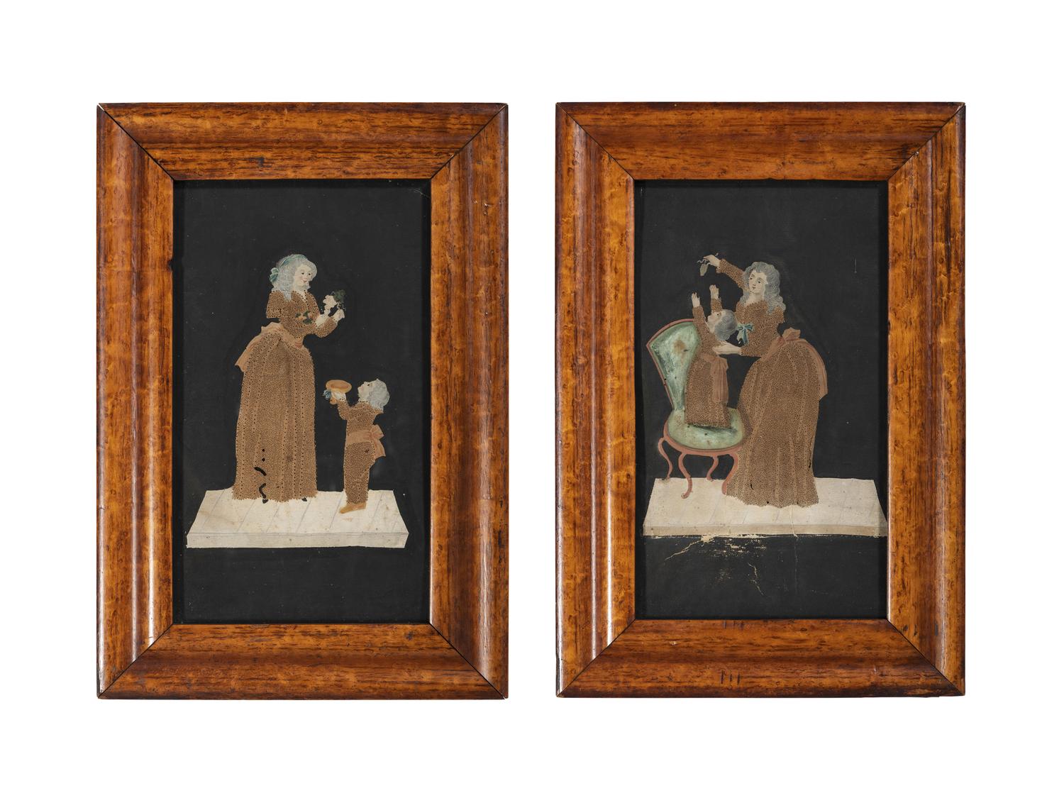 Two Figural Pinprick and Watercolor Pictures