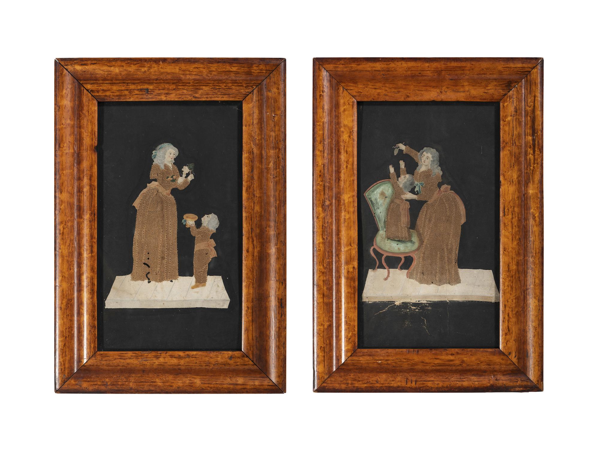 Two Figural Pinprick and Watercolor Pictures