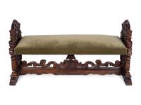 A Renaissance Style Velvet-Upholstered Walnut Bench — EARLY 20TH CENTURY