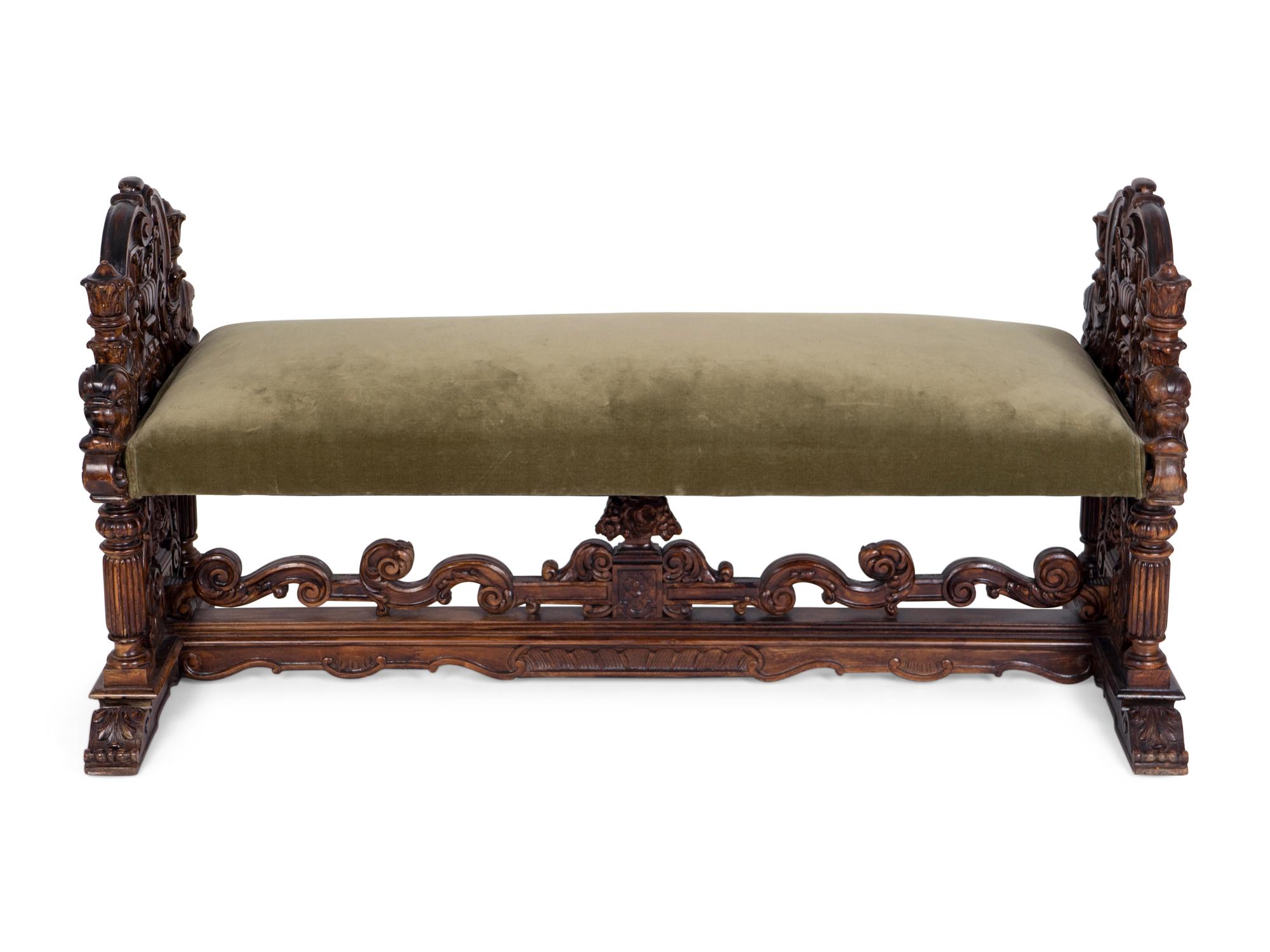 A Renaissance Style Velvet-Upholstered Walnut Bench — EARLY 20TH CENTURY