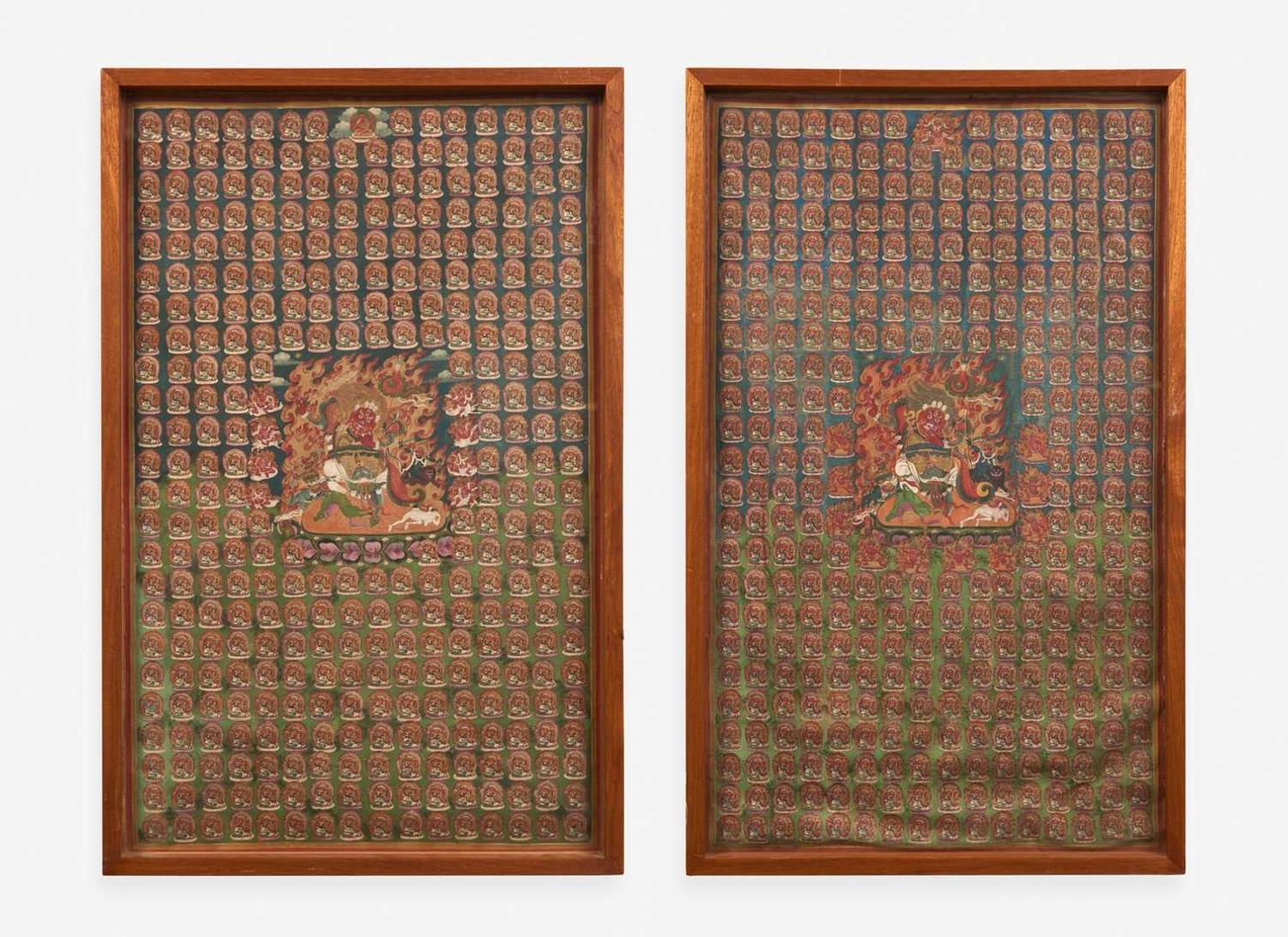 An unusual pair of Tibetan or Mongolian thankas depicting Begtse Chen, 19th century or later 藏傳或蒙古唐卡一對 十九世紀或更晚