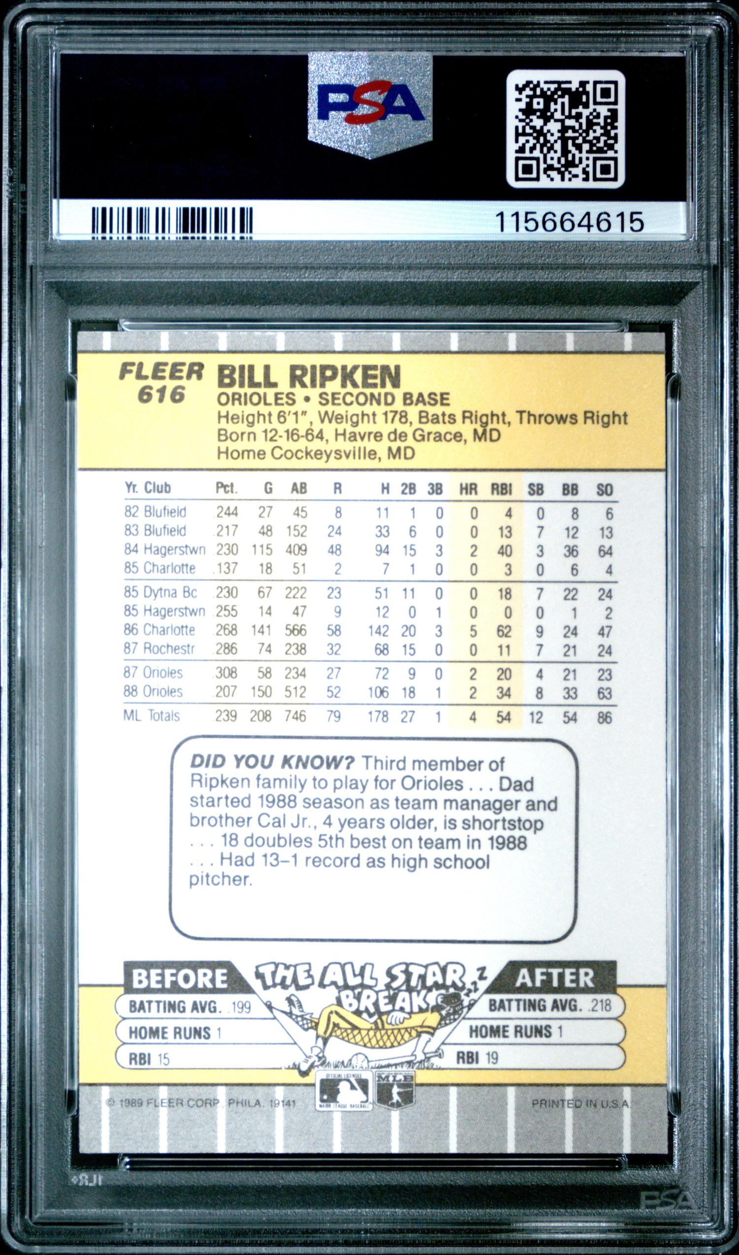 A 1989 Fleer Billy Ripken FF Scribbled Out In White Baseball Card (PSA 8 NM-MT)