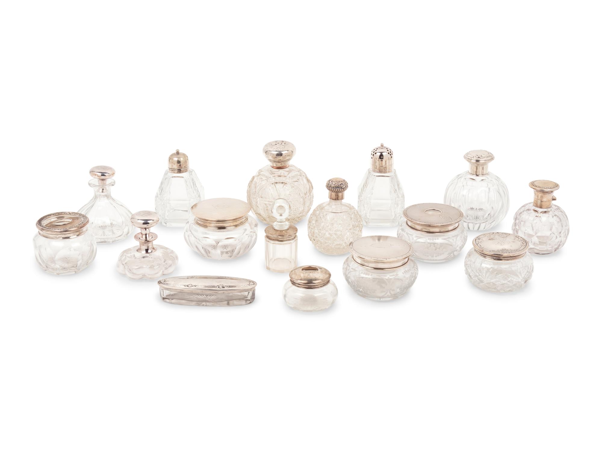 A Collection of Silver and Silver-Plate Mounted Glass Dresser Jars