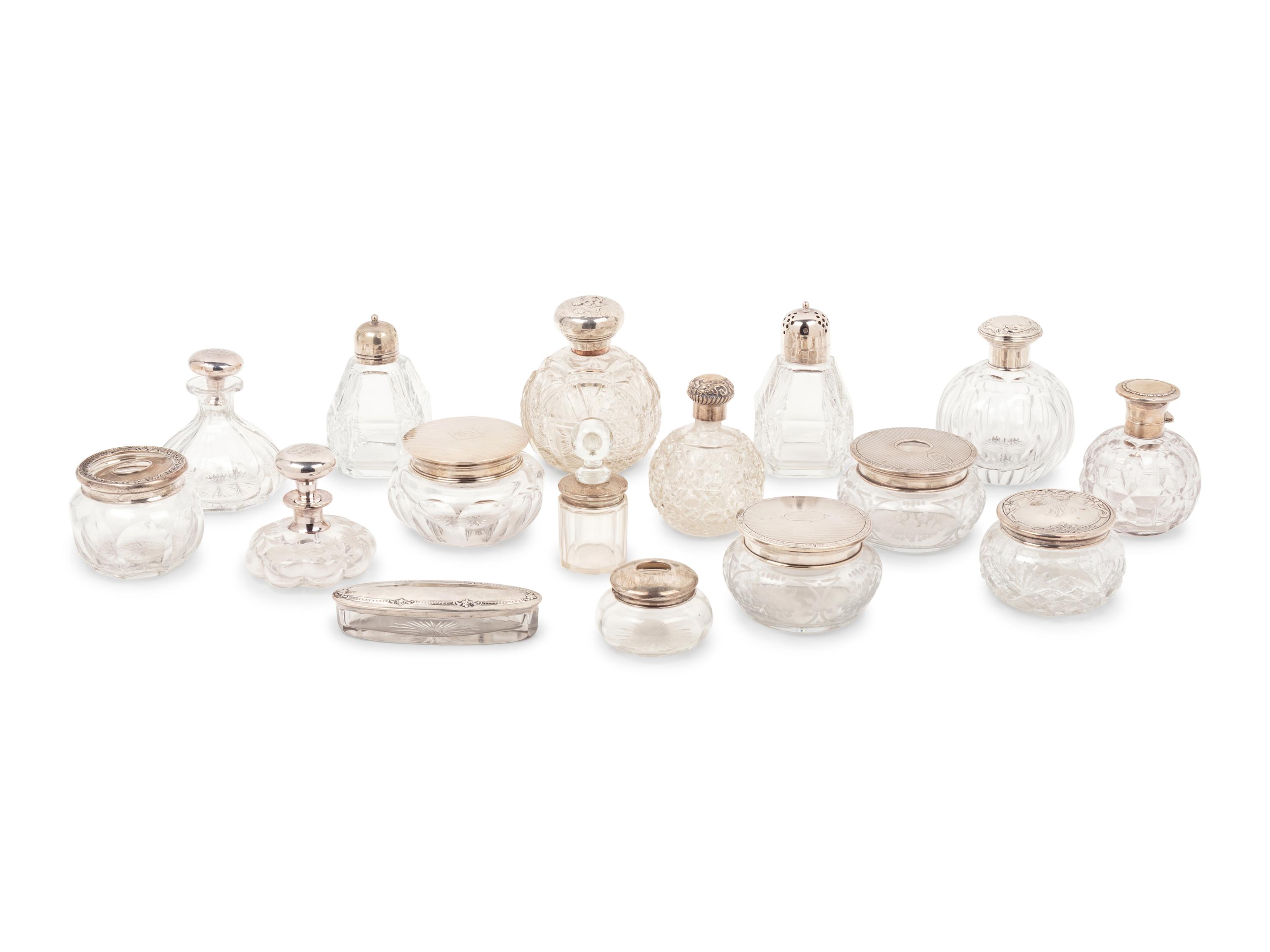 A Collection of Silver and Silver-Plate Mounted Glass Dresser Jars