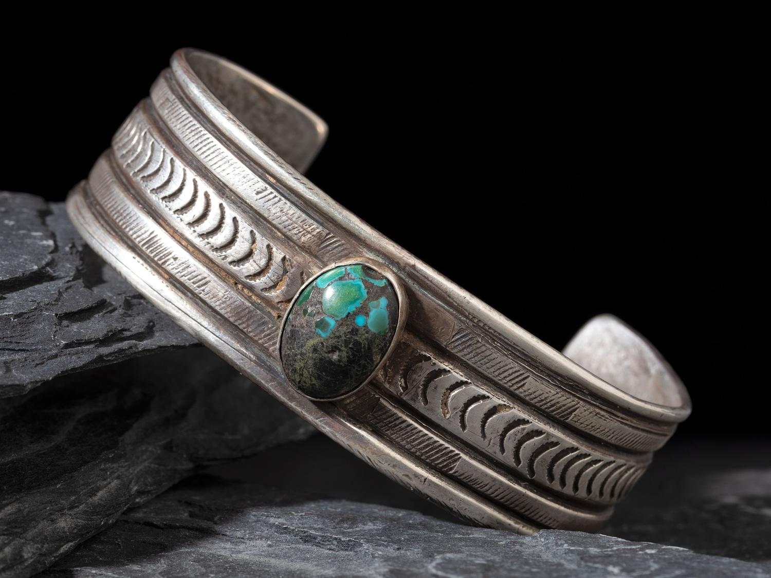 Navajo Ingot and Turquoise Cuff Bracelet