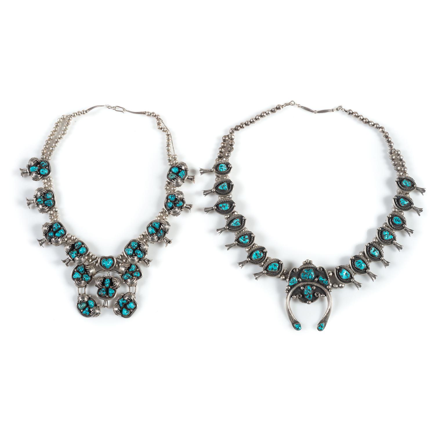 Pair of Navajo Silver and Turquoise Squash Blossom Necklaces