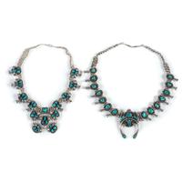Pair of Navajo Silver and Turquoise Squash Blossom Necklaces