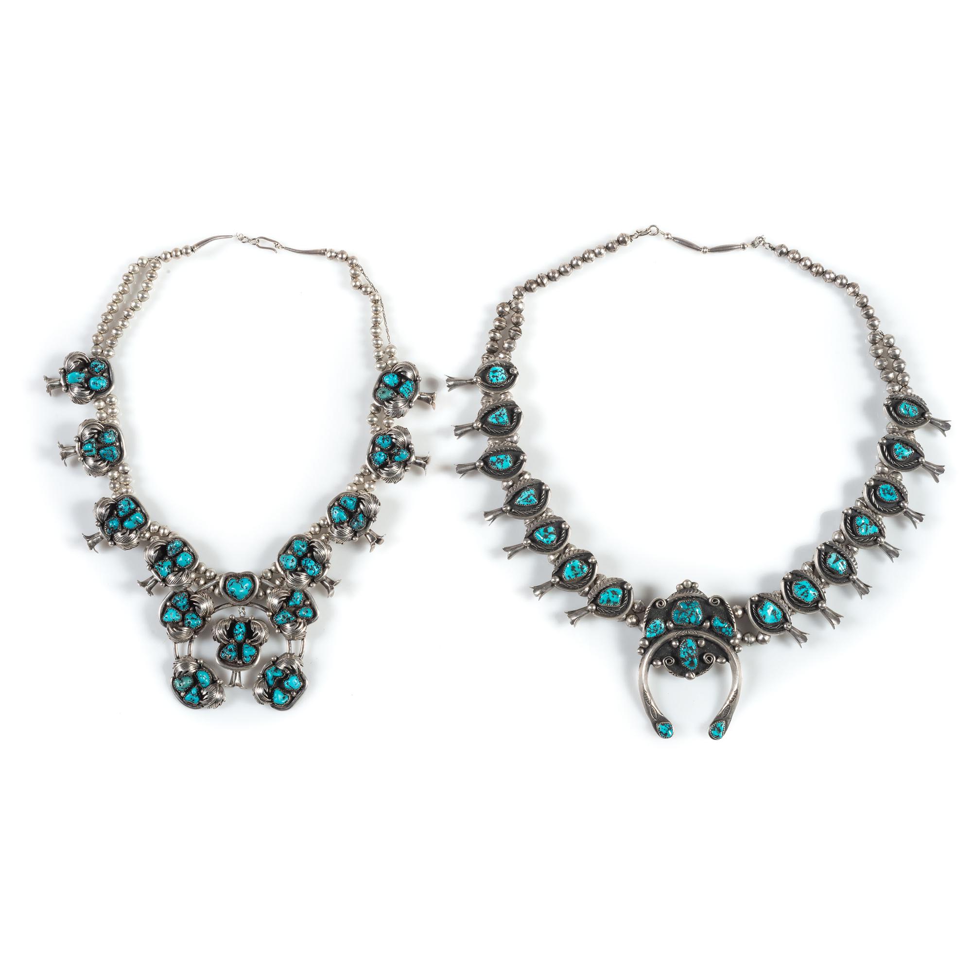 Pair of Navajo Silver and Turquoise Squash Blossom Necklaces